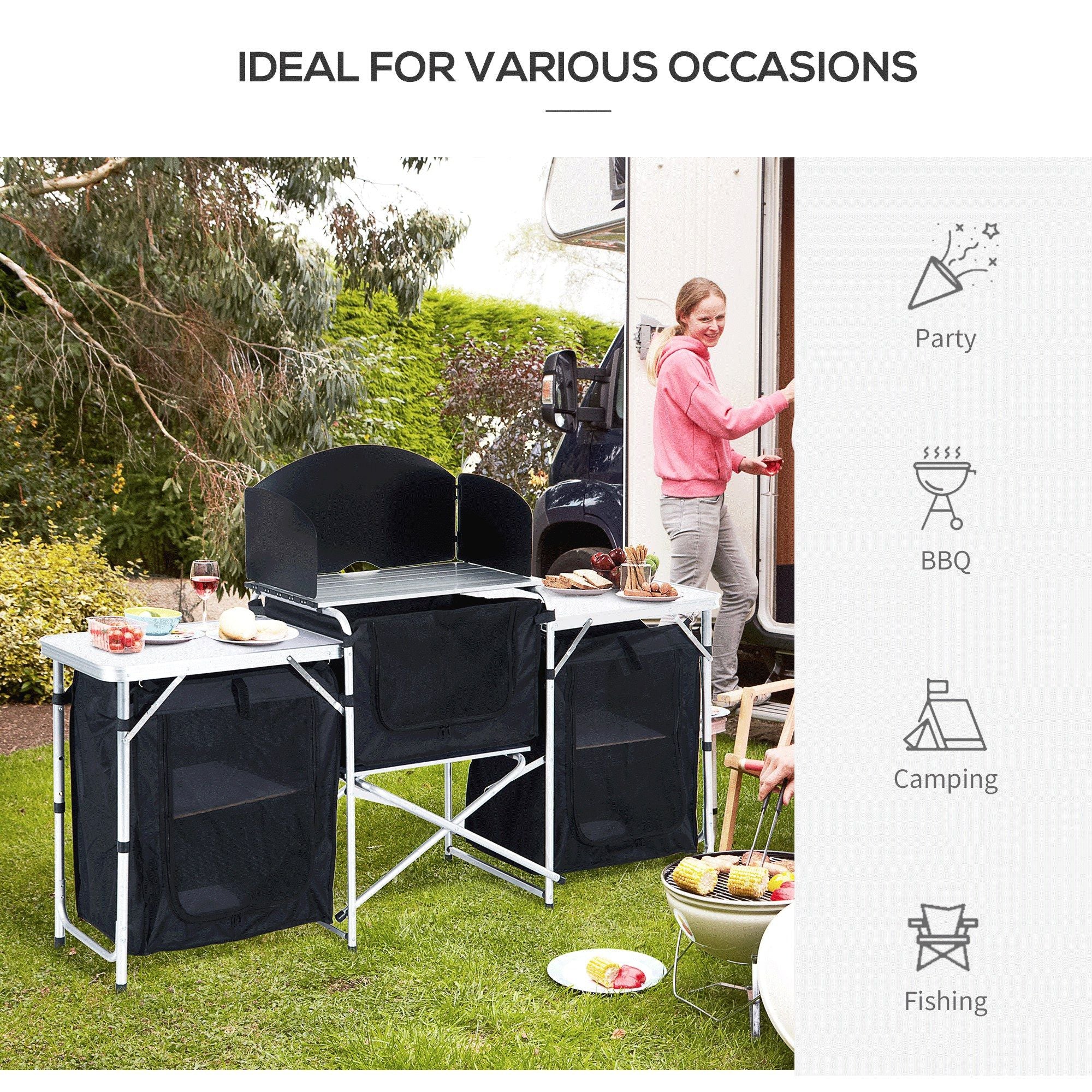 Portable Camping Kitchen Aluminum Table Windscreen 3 Cupboards BBQ Black