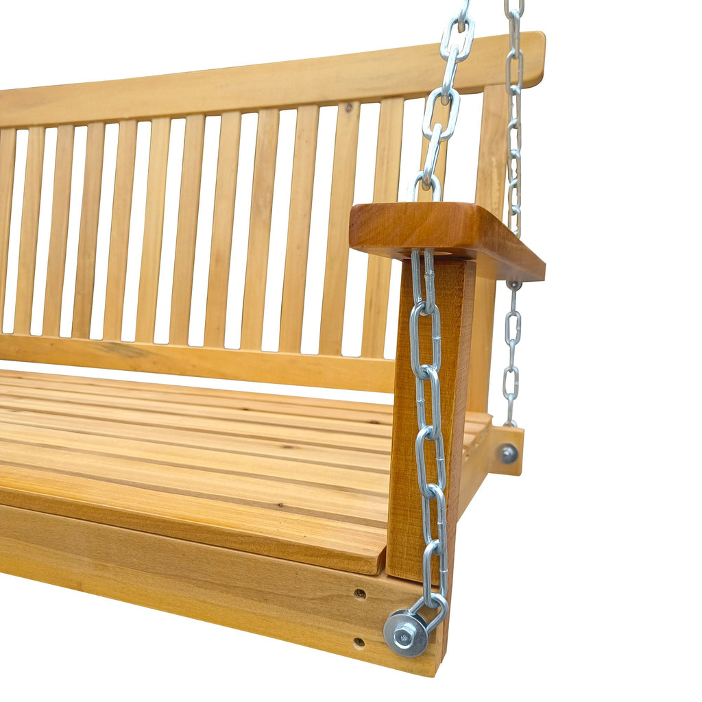 Front Porch Swing with Armrests;  Wood Bench Swing with Hanging Chains; for Outdoor Patio ; Garden Yard;  porch;  backyard;  or sunroom; Easy to Assemble; teak
