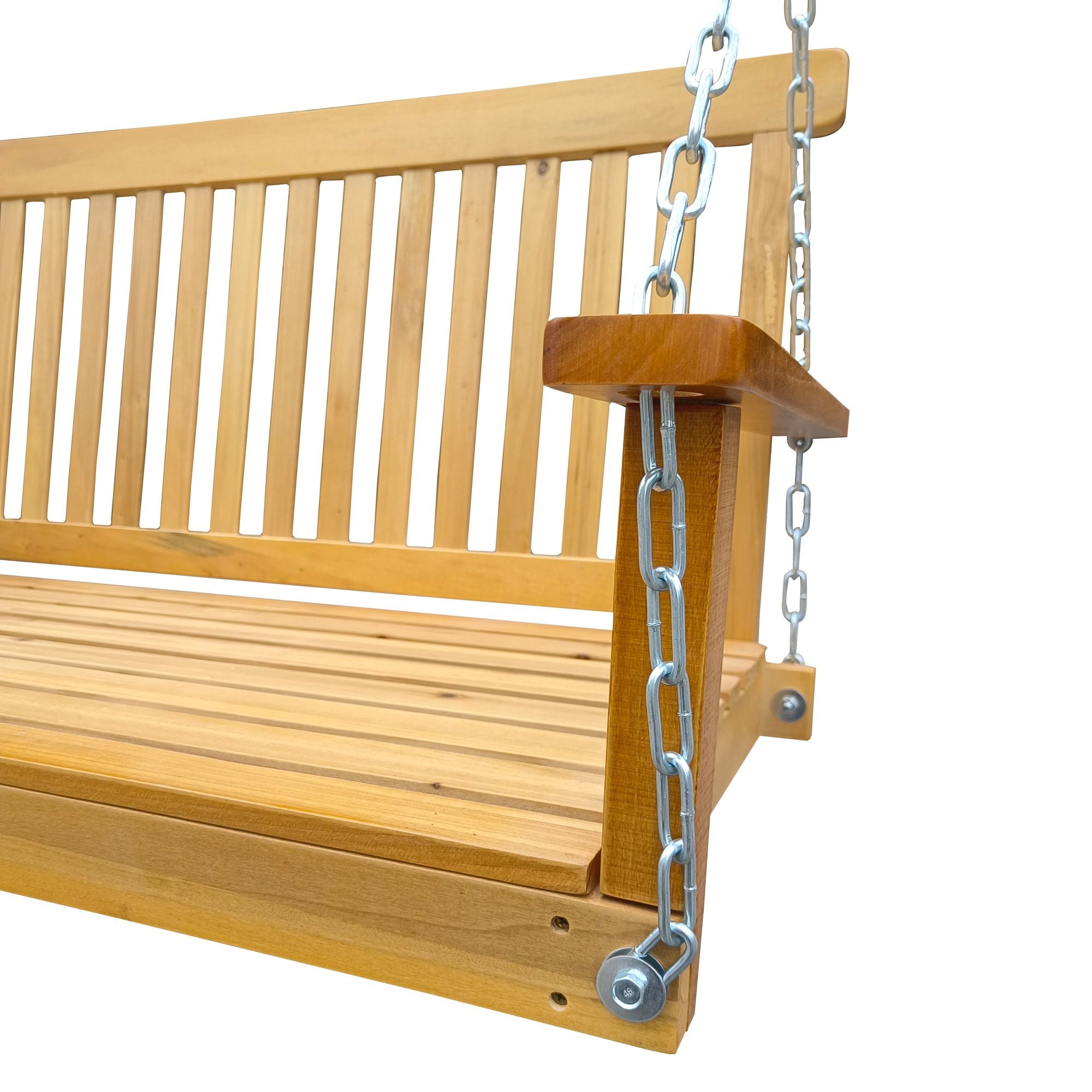 Front Porch Swing with Armrests;  Wood Bench Swing with Hanging Chains; for Outdoor Patio ; Garden Yard;  porch;  backyard;  or sunroom; Easy to Assemble; teak