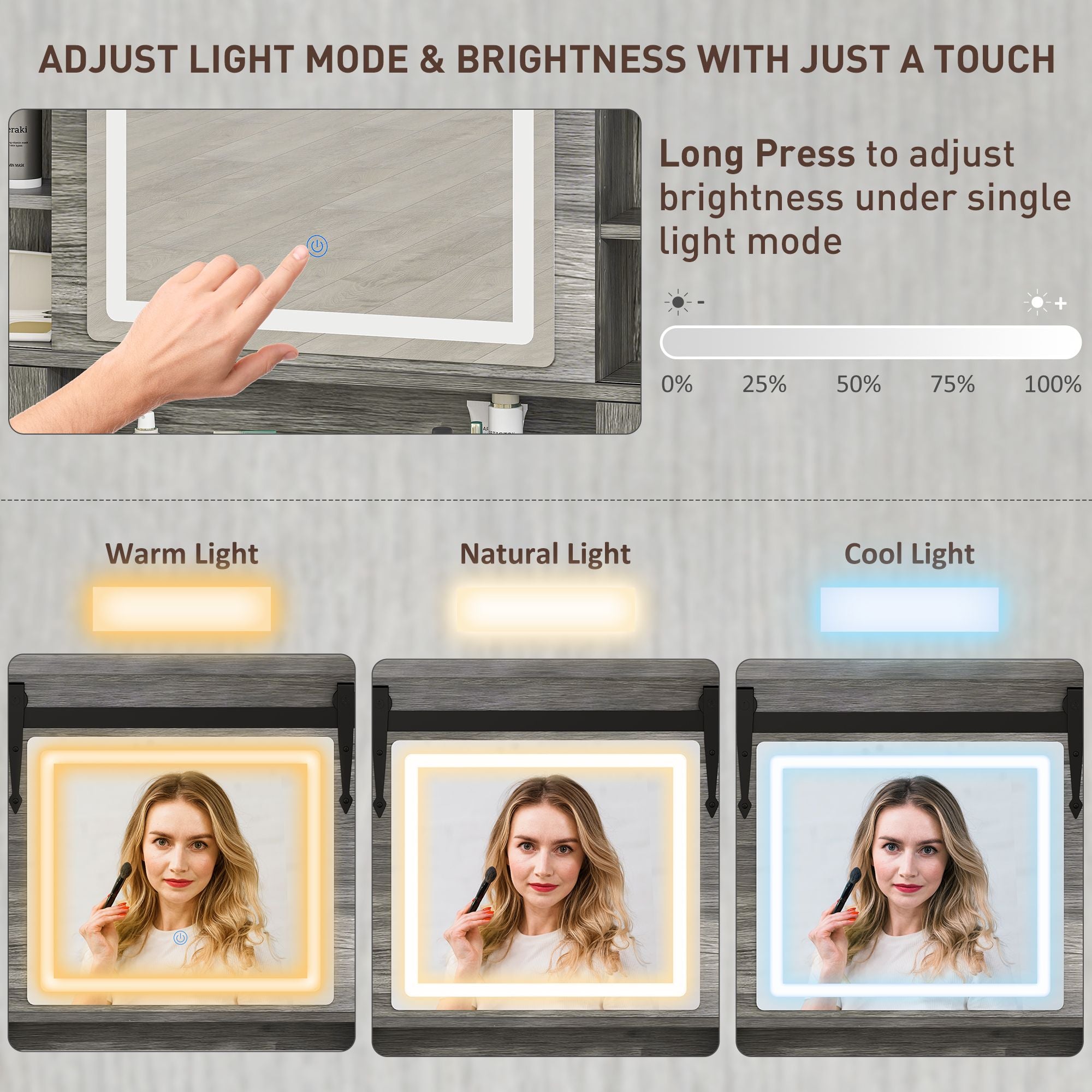 HOMCOM Vanity Desk Set with Mirror and Lights, Cushioned Stool, Storage Drawer, Cabinet, Shelves for Bedroom, Gray