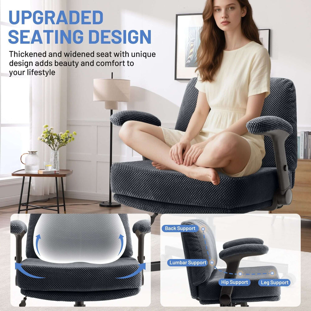 Criss Cross Chair with Wheels and Flip Arms- Comfy Fabric Cross Legged Office Chair with Thick Cushion&Wide Seat, Adjustable Swivel Desk Chair for Home Office, Apartment, Bedroom