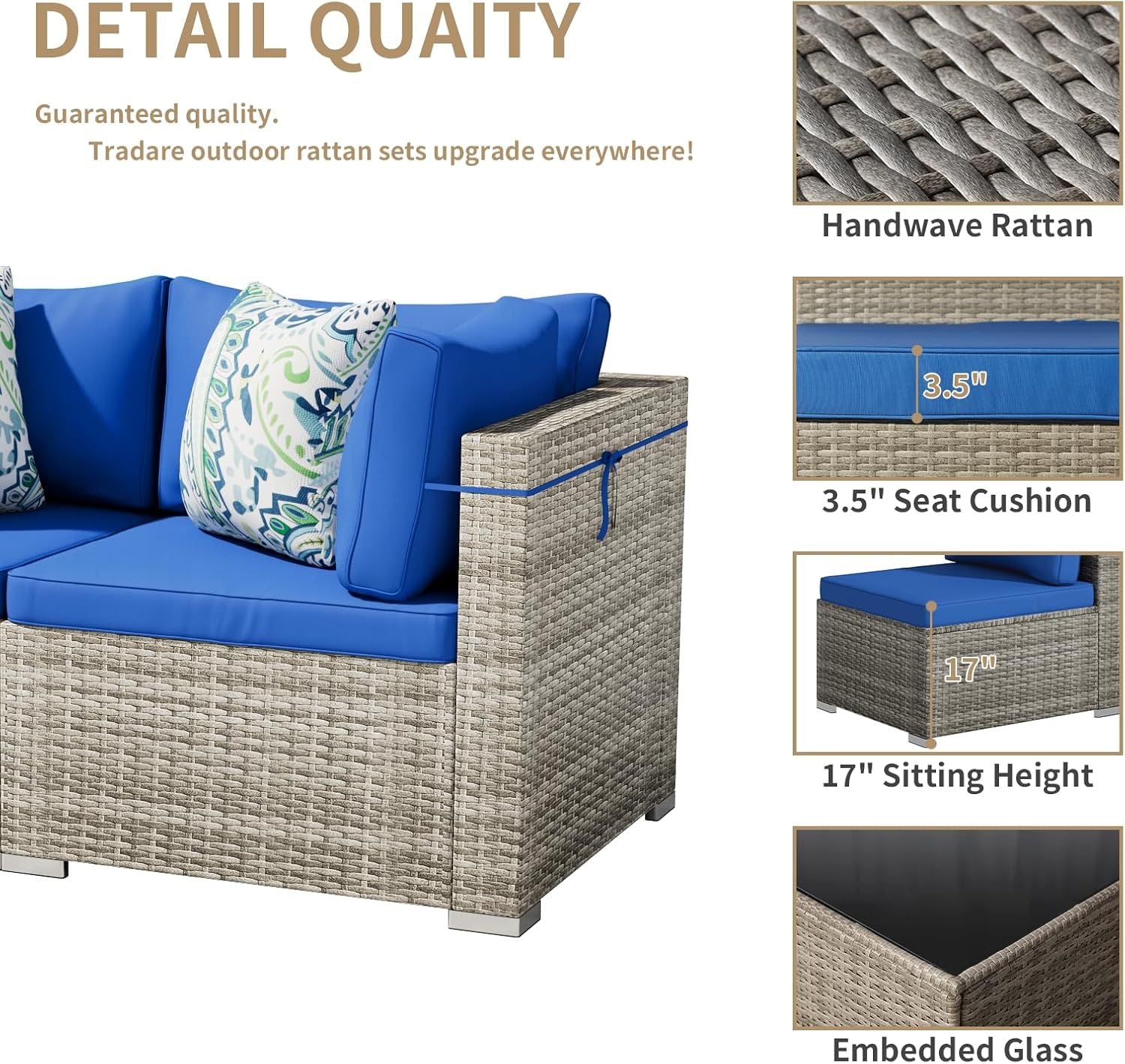 7 Pieces Outdoor Patio Furniture Set, Wicker Patio Conversation Sectional Sofa Set, All Weather PE Rattan Sofa with Glass Table and Cushions