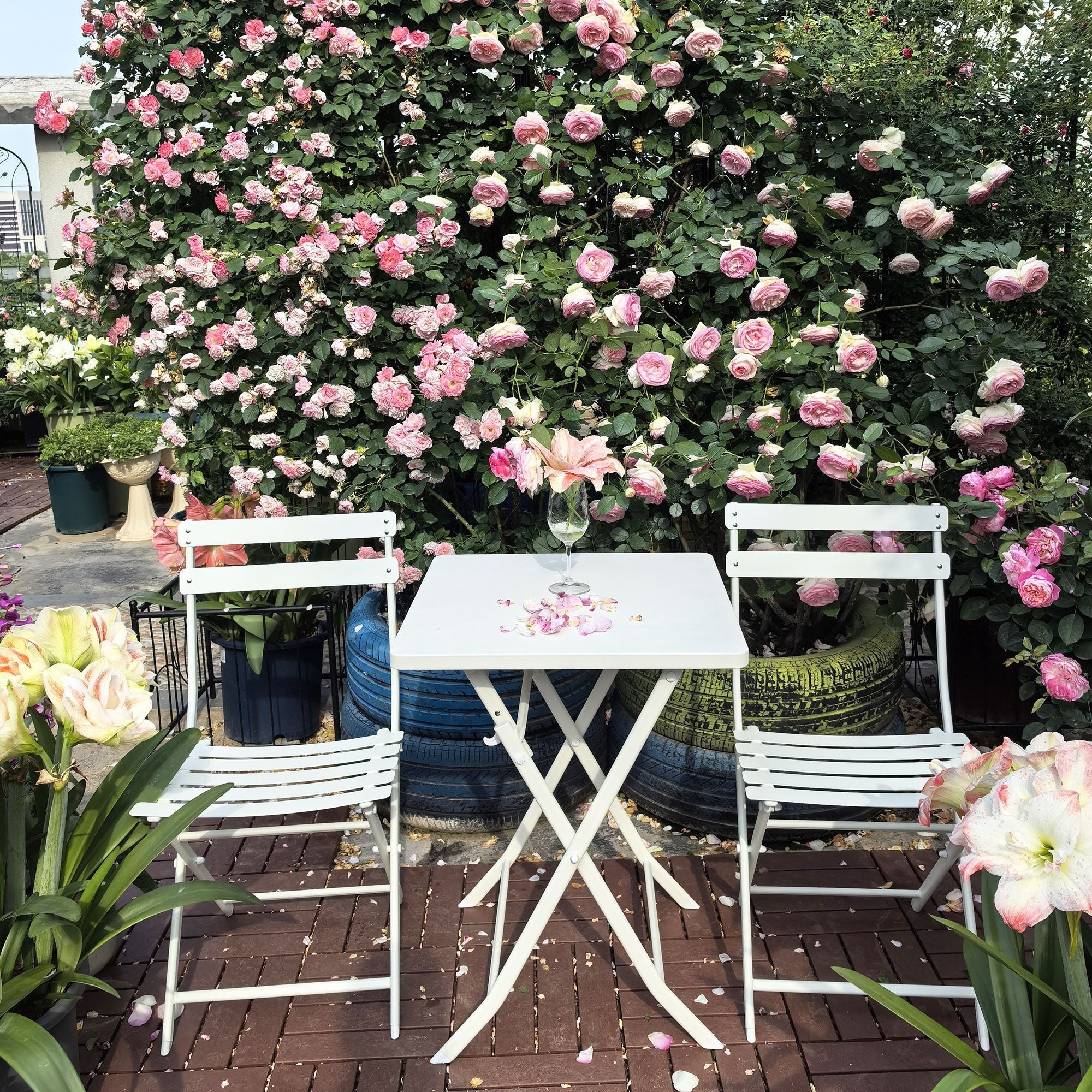 3 Piece Patio Bistro Set of Foldable Square Table and Chairs