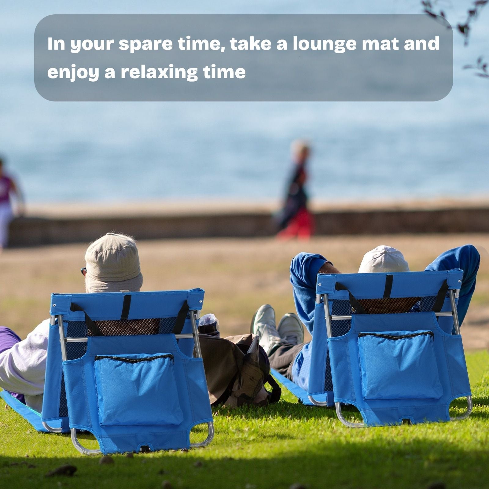 Foldable Outdoor Lounge Chair 174x54cm Blue Beach Sunbed with Cooler Bag Oxford Cloth and Iron Frame Breathable Mesh Portable Reclining Cot for Camping Patio Poolside