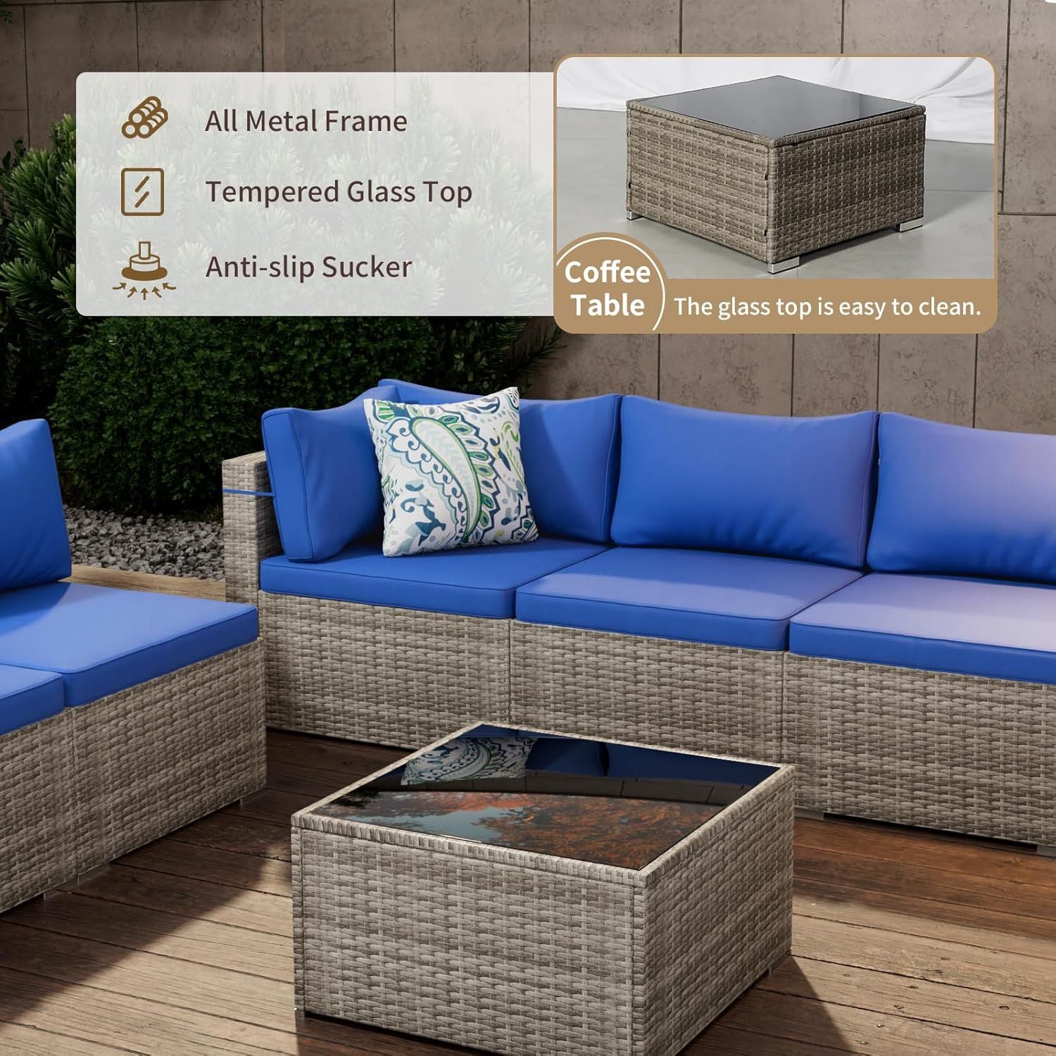 7 Pieces Outdoor Patio Furniture Set, Wicker Patio Conversation Sectional Sofa Set, All Weather PE Rattan Sofa with Glass Table and Cushions