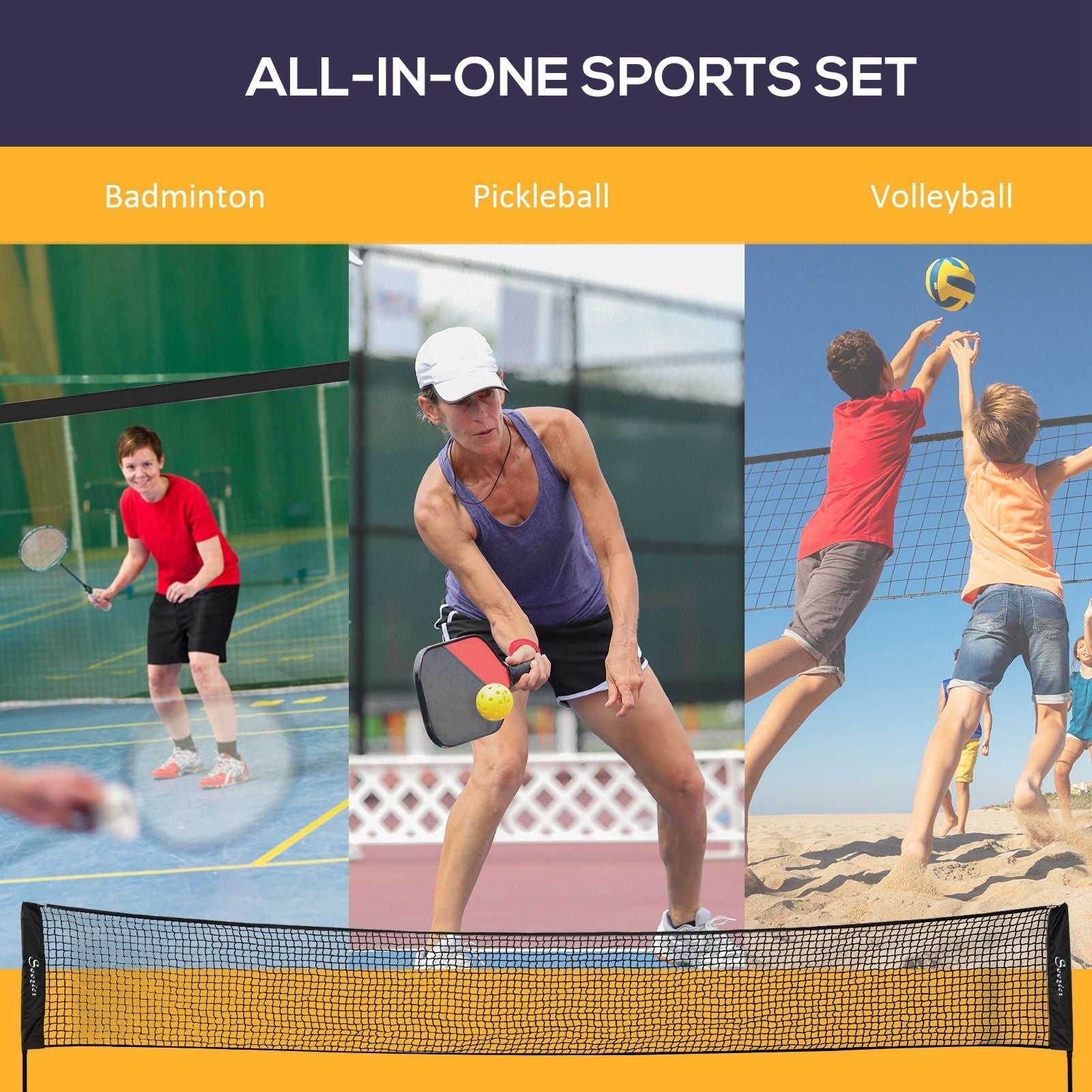 Adjustable Outdoor Game Set with Net for Badminton, Volleyball, Pickleball, Beach & Driveway Fun