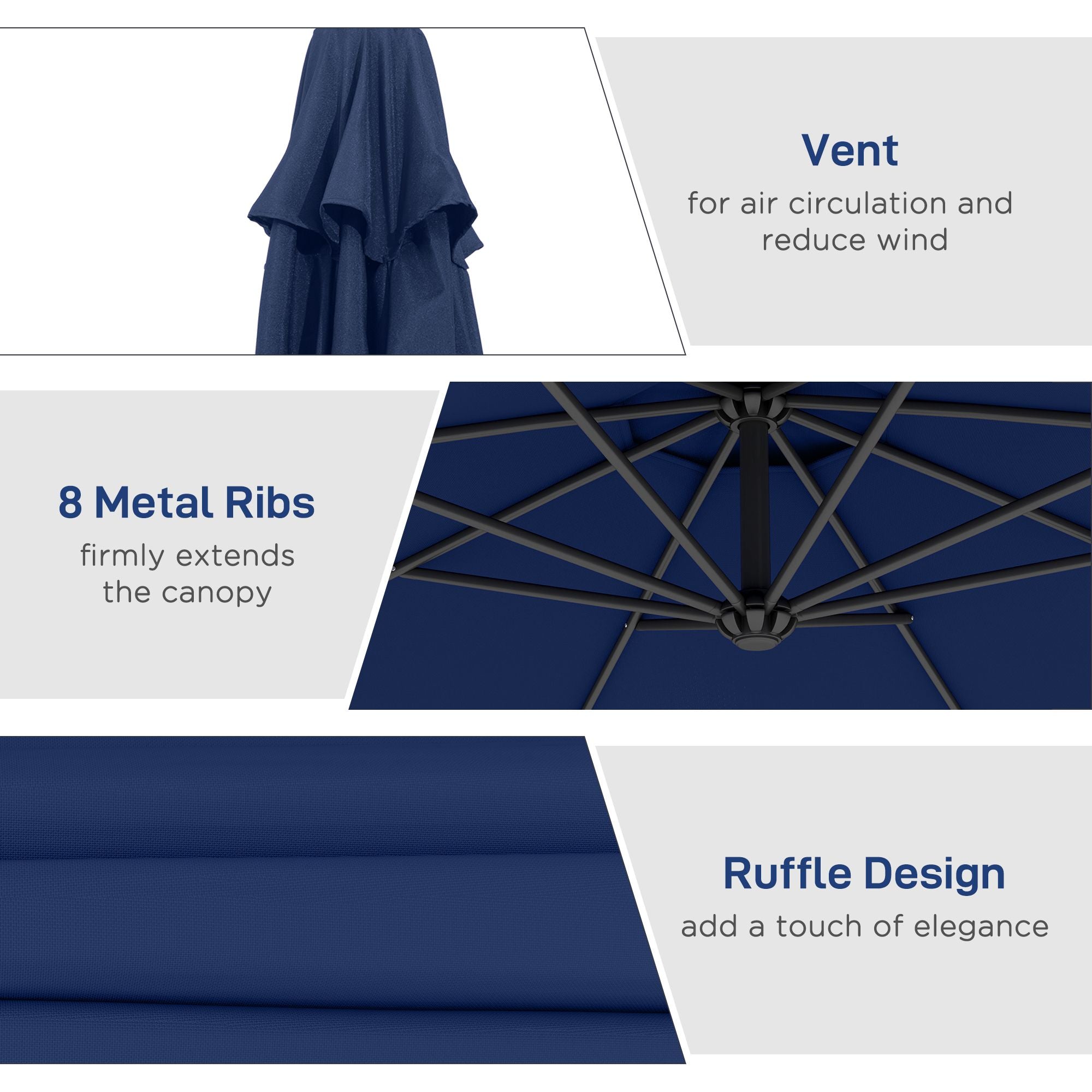 Outsunny 10' Cantilever Tilt Offset Patio Umbrella w/ UV & Water Safe Material & Cross Base (Weight Not Included), Navy Blue