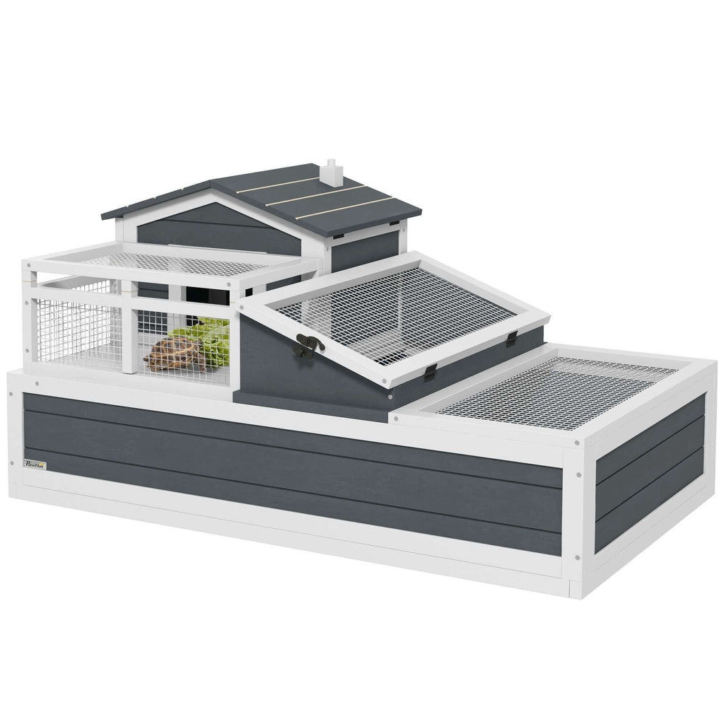 PawHut 3-Room Tortoise Habitat, Indoors & Outdoors Wooden Turtle Enclosure w/ Balcony & 2 Stories, 44" x 25.5" x 23", Gray