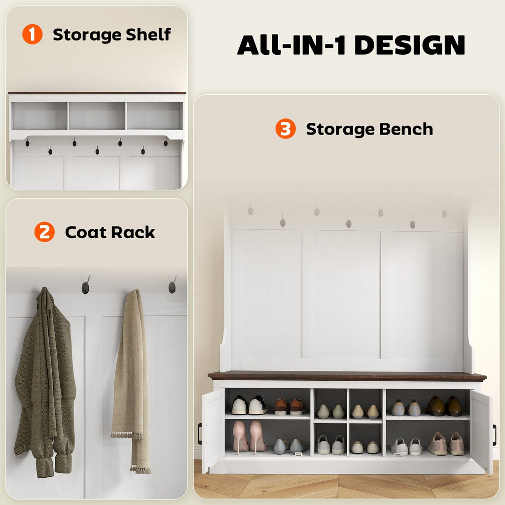 HOMCOM 3-in-1 Hall Tree with Shoe Storage, Coat Rack with Bench, Entryway Furniture with Hooks, White Wood Grain