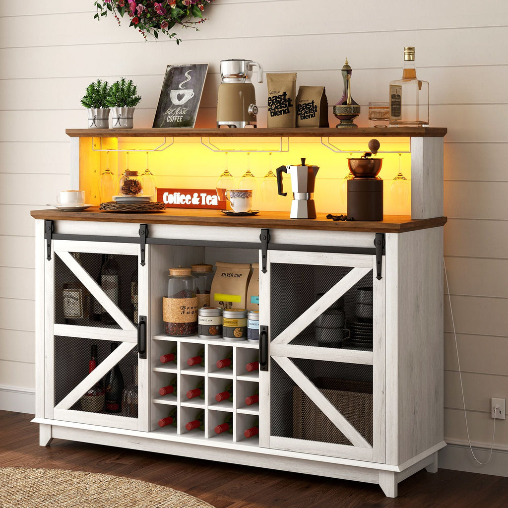 HOMCOM 55" Coffee Bar Cabinet with Lights, Farmhouse Wine Cabinet with Wine and Glass Racks for Kitchen, Dining Room, White