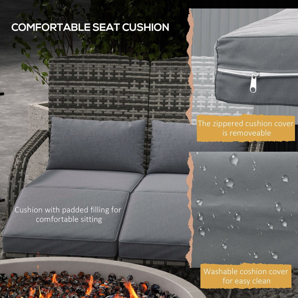 Outsunny Wicker Adirondack Chair for 2 with Cushions & Footrests, PE Rattan Double Chaise Lounge Chair, Fire Pit Chair for Porch with High-back, Wide Armrests, Mixed Gray