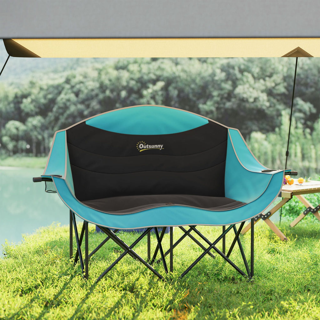 Padded Folding Camp Chair for Adults, Double Camping Chairwith Armrests, Cup Holders, Carry Bag for Outdoor, Green