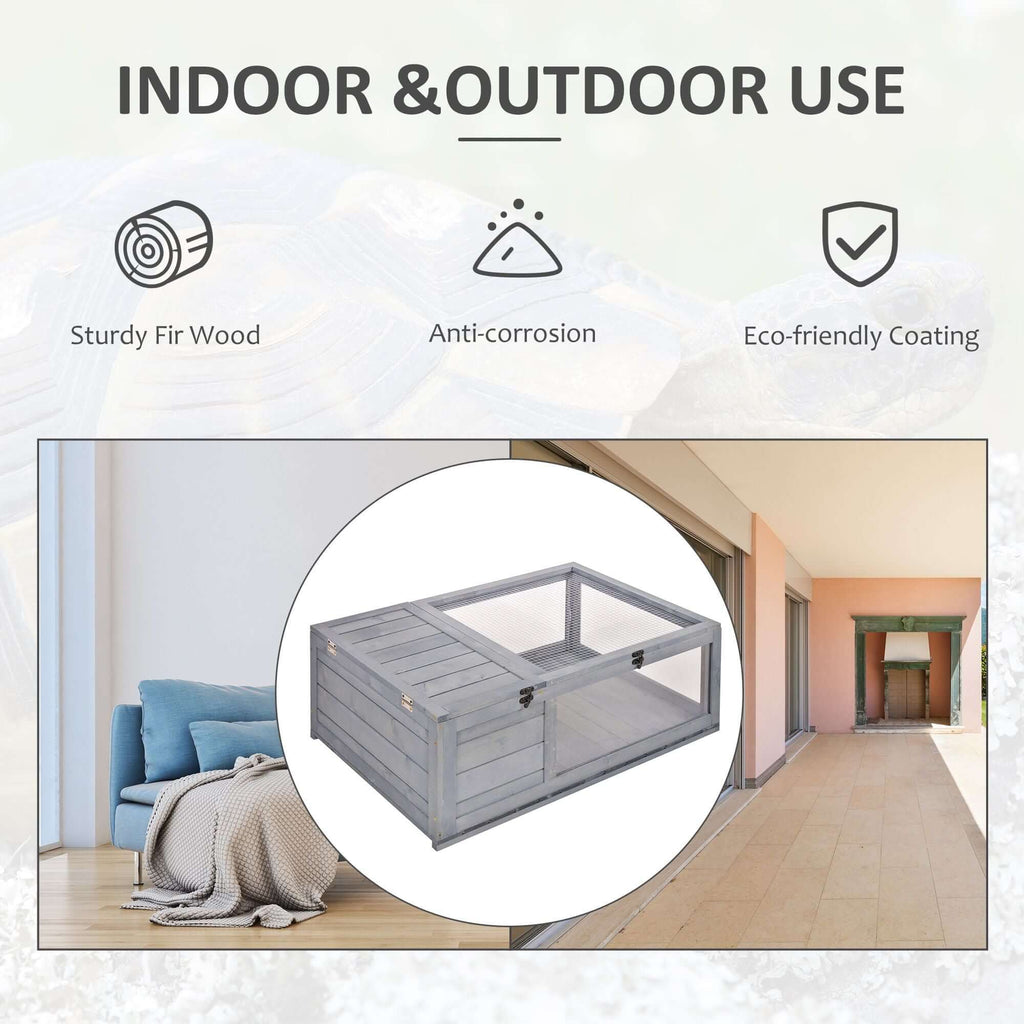 PawHut Wooden Tortoise House Indoor Turtle Habitat Enclosure Outdoor Reptile Cage Gray