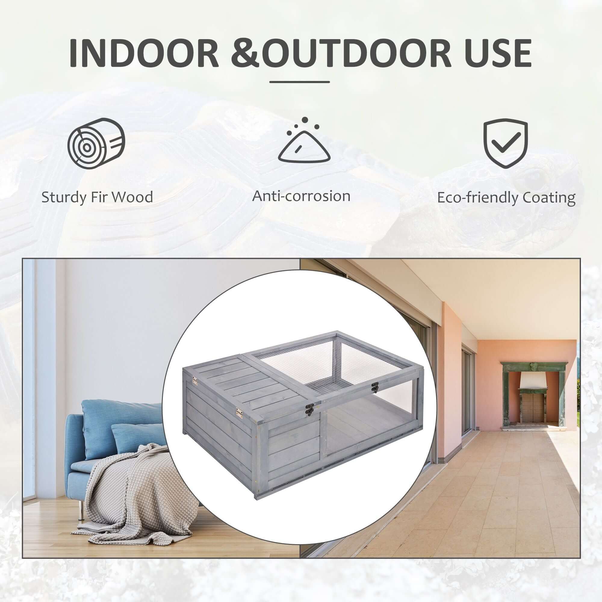 PawHut Wooden Tortoise House Indoor Turtle Habitat Enclosure Outdoor Reptile Cage Gray