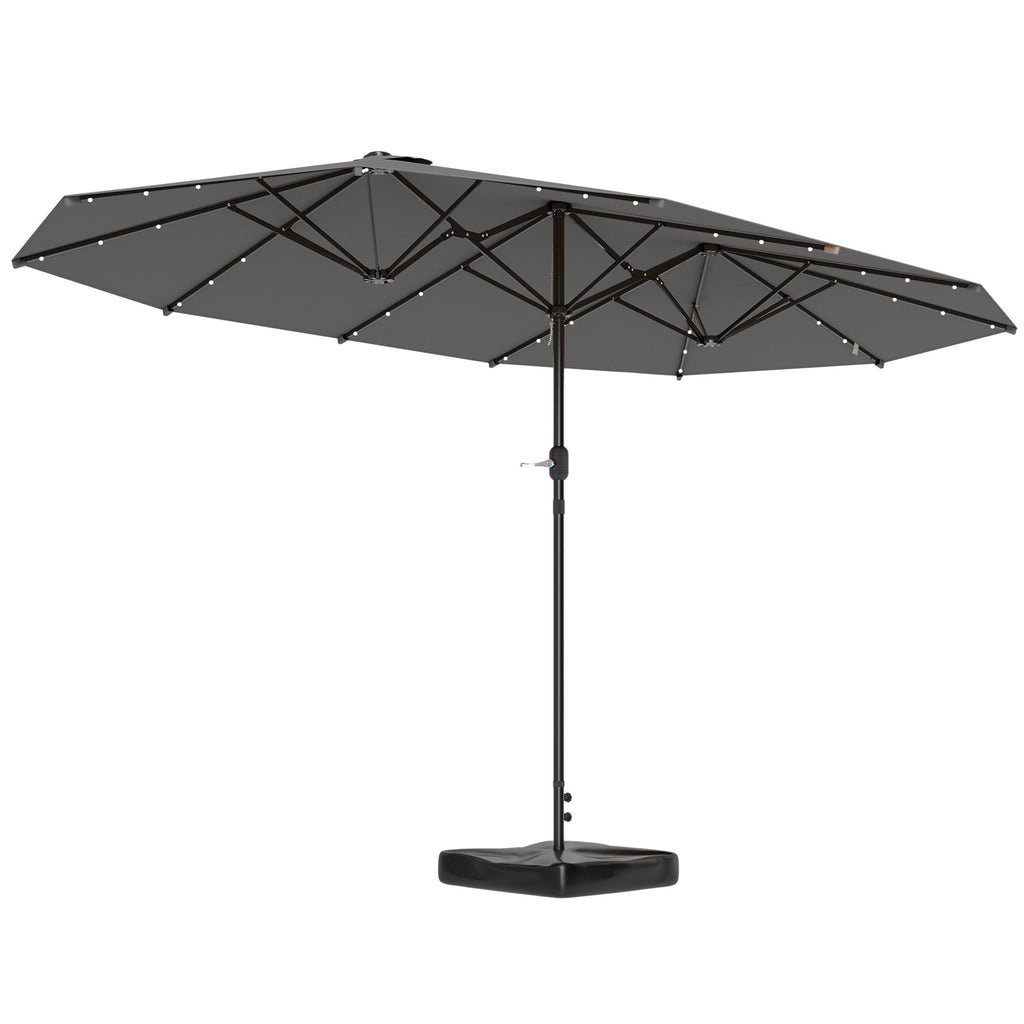 Outsunny Garden Parasol 14.4ft Double-Sided Sun Umbrella with Base, Patio Parasol with LED Solar Lights, Gray