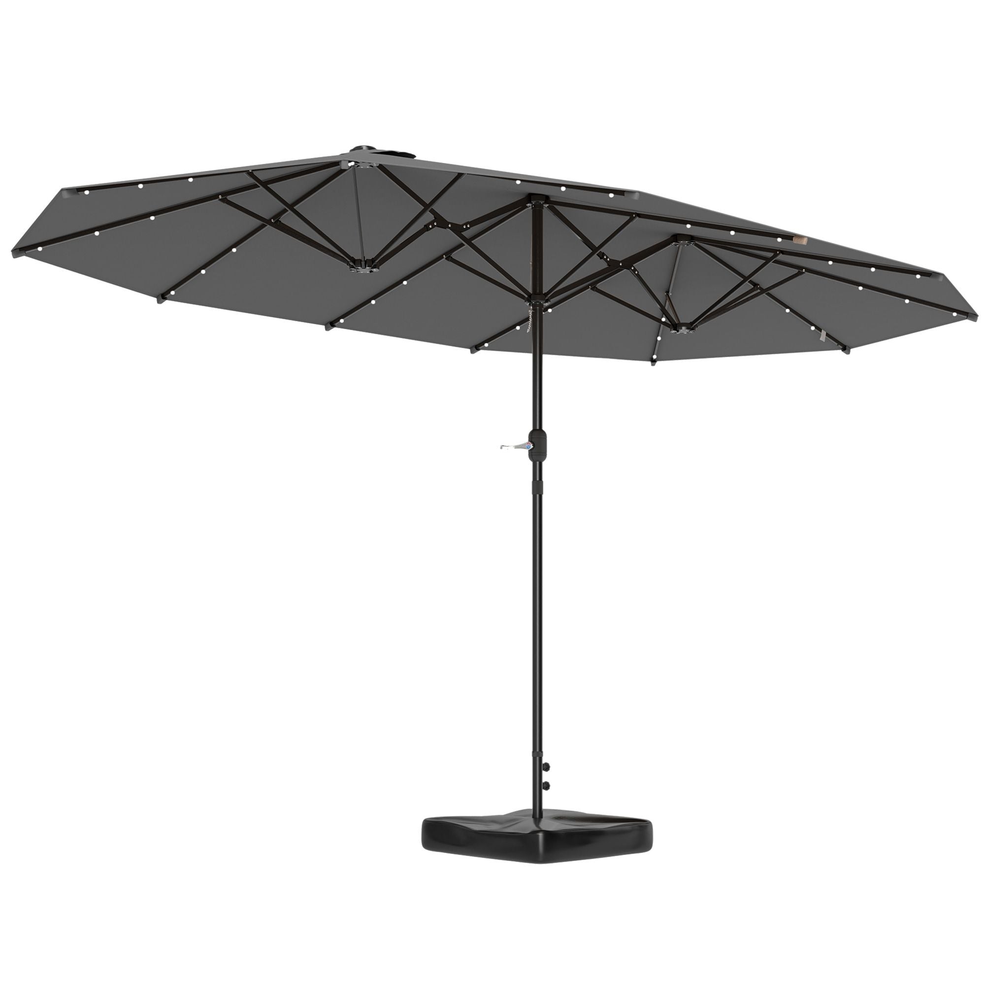 Outsunny Garden Parasol 14.4ft Double-Sided Sun Umbrella with Base, Patio Parasol with LED Solar Lights, Gray