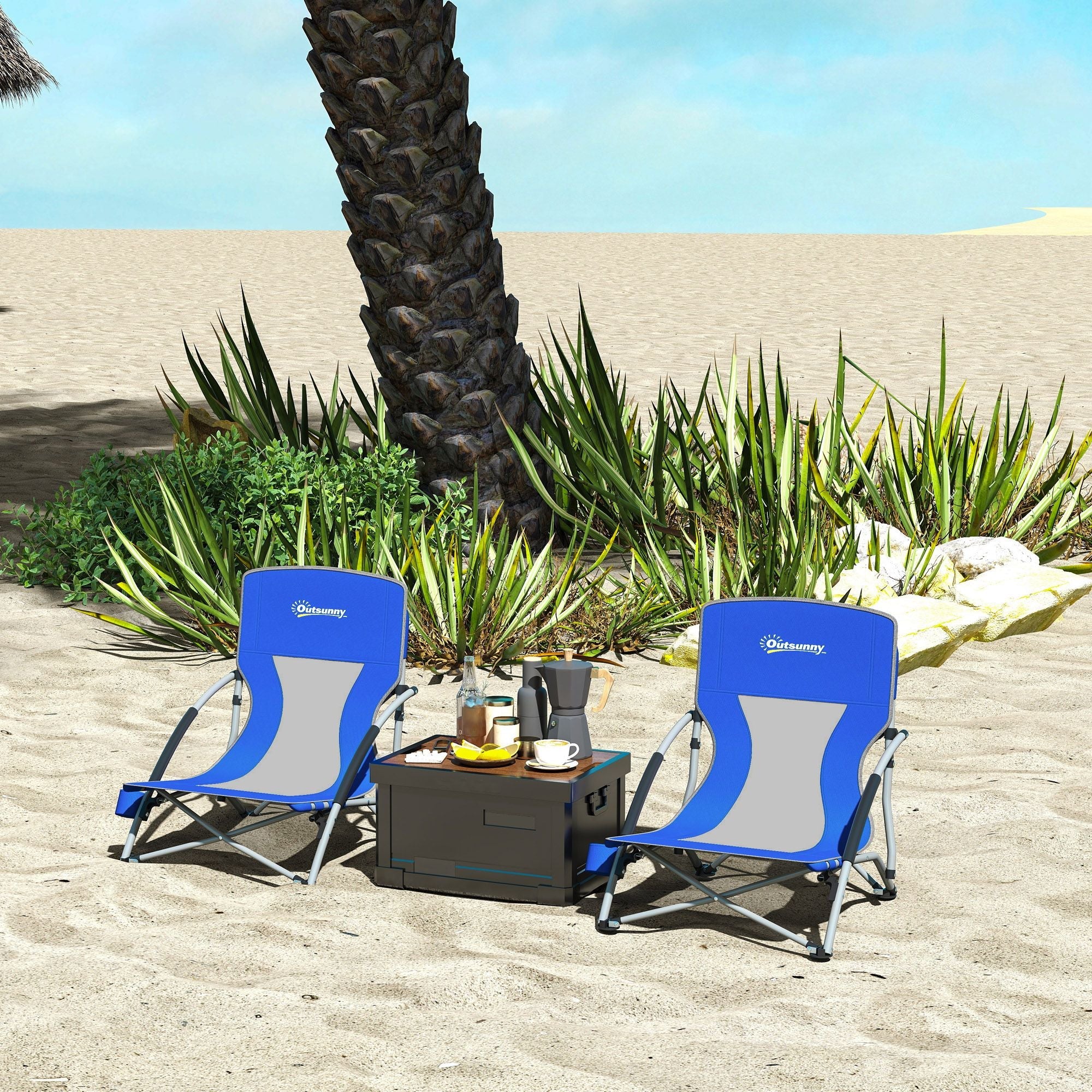 Set of 2 Folding Beach Chairs with Mesh Back, Carry Bag and Cup Holder for Outdoor Camping Lawn Sports Picnic Dark Blue