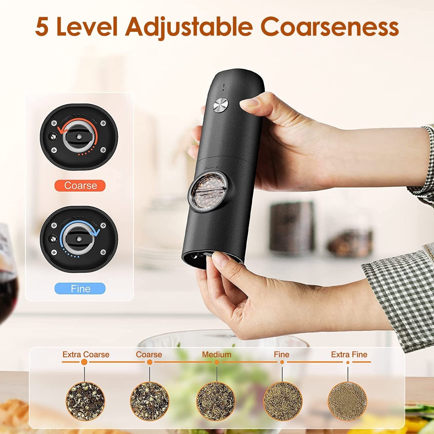 Electric Salt and Pepper Grinder Rechargeable Charging Base Automatic Salt Mill LED Indicator Adjustable Coarseness One Hand Easy Operation