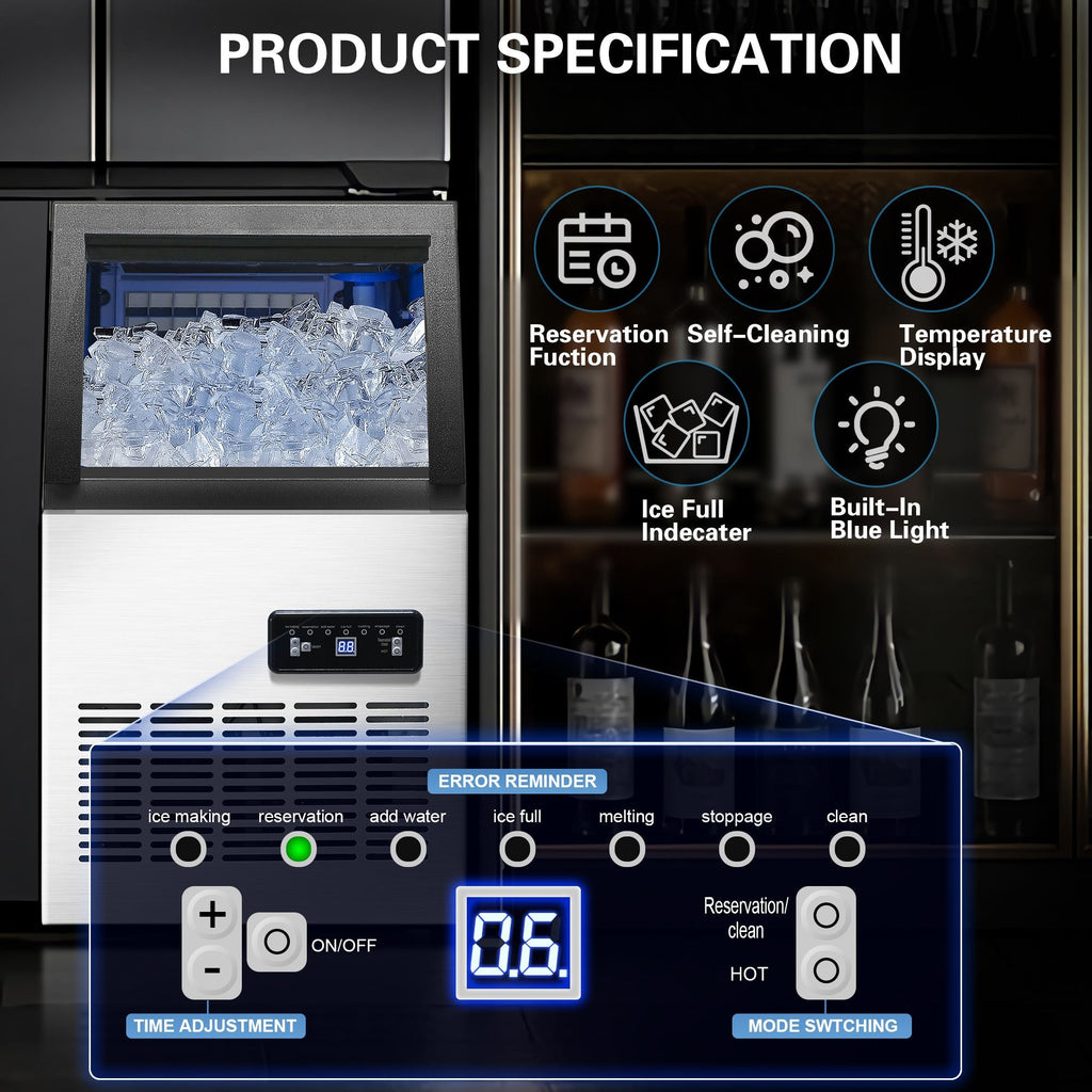 Commercial Ice Maker Machine, 80-110LBS/24H Under Counter Ice Maker, Stainless Steel Freestanding Ice Machine,Self-Cleaning, 2 Water Inlet Modes,Ideal for Restaurant,Home,Bar