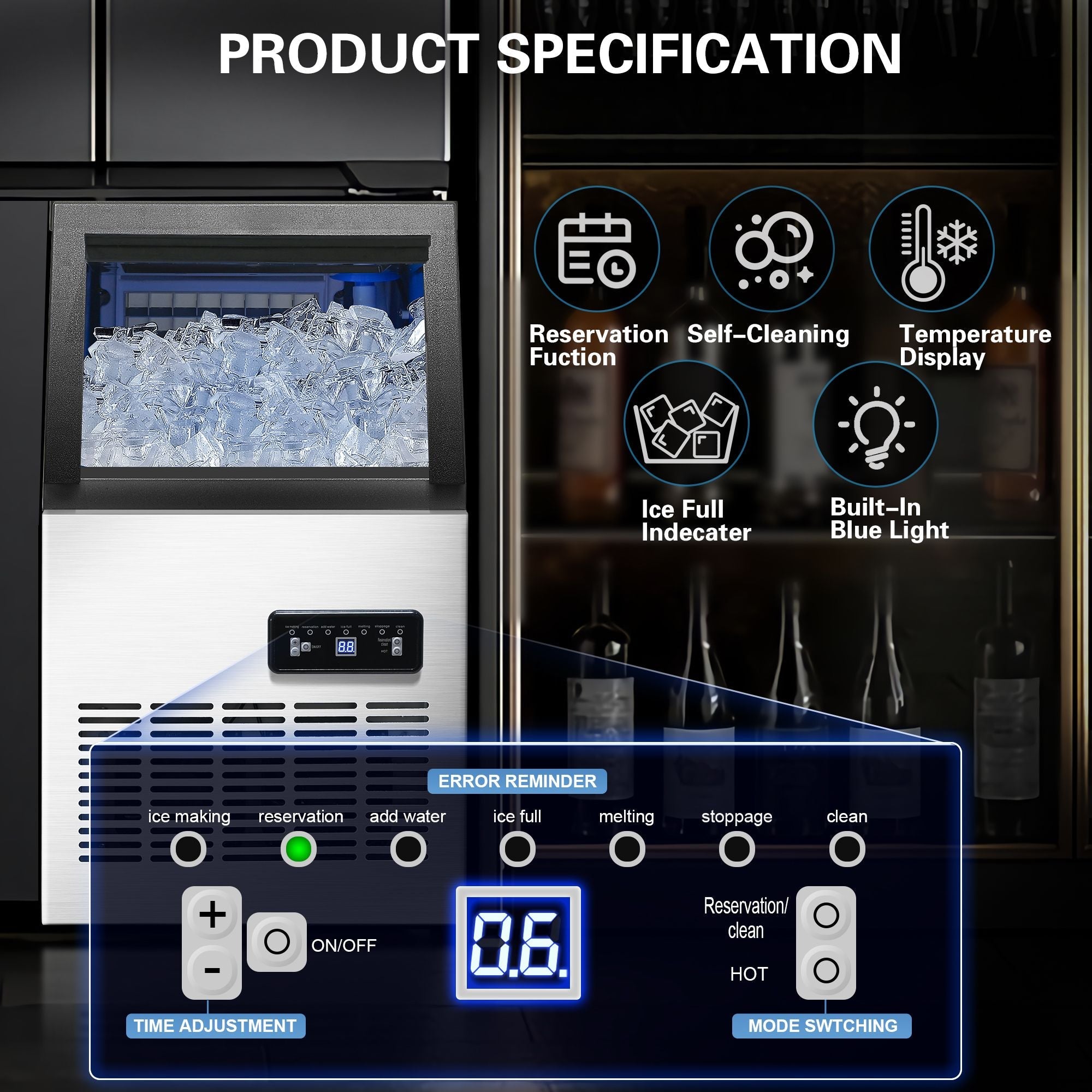 Commercial Ice Maker Machine, 80-110LBS/24H Under Counter Ice Maker, Stainless Steel Freestanding Ice Machine,Self-Cleaning, 2 Water Inlet Modes,Ideal for Restaurant,Home,Bar