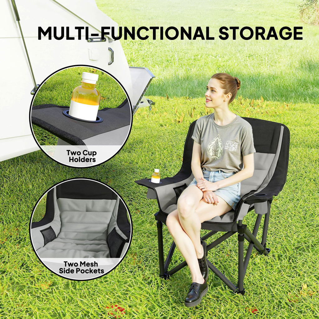 Padded Camping Chair for Adults, Portable Folding Camping Chair with Side Pockets, Cup Holders, Carry Bag, Gray