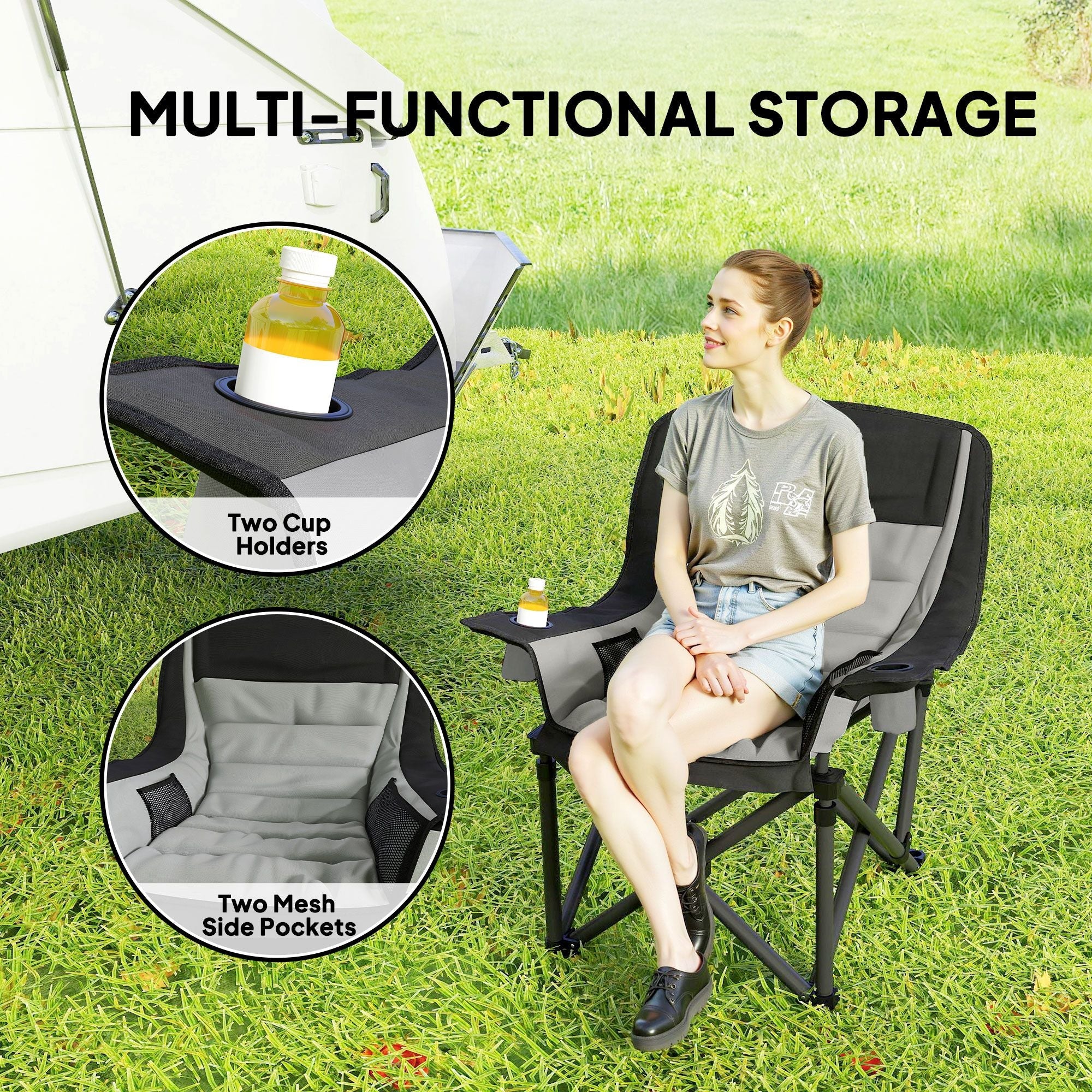 Padded Camping Chair for Adults, Portable Folding Camping Chair with Side Pockets, Cup Holders, Carry Bag, Gray