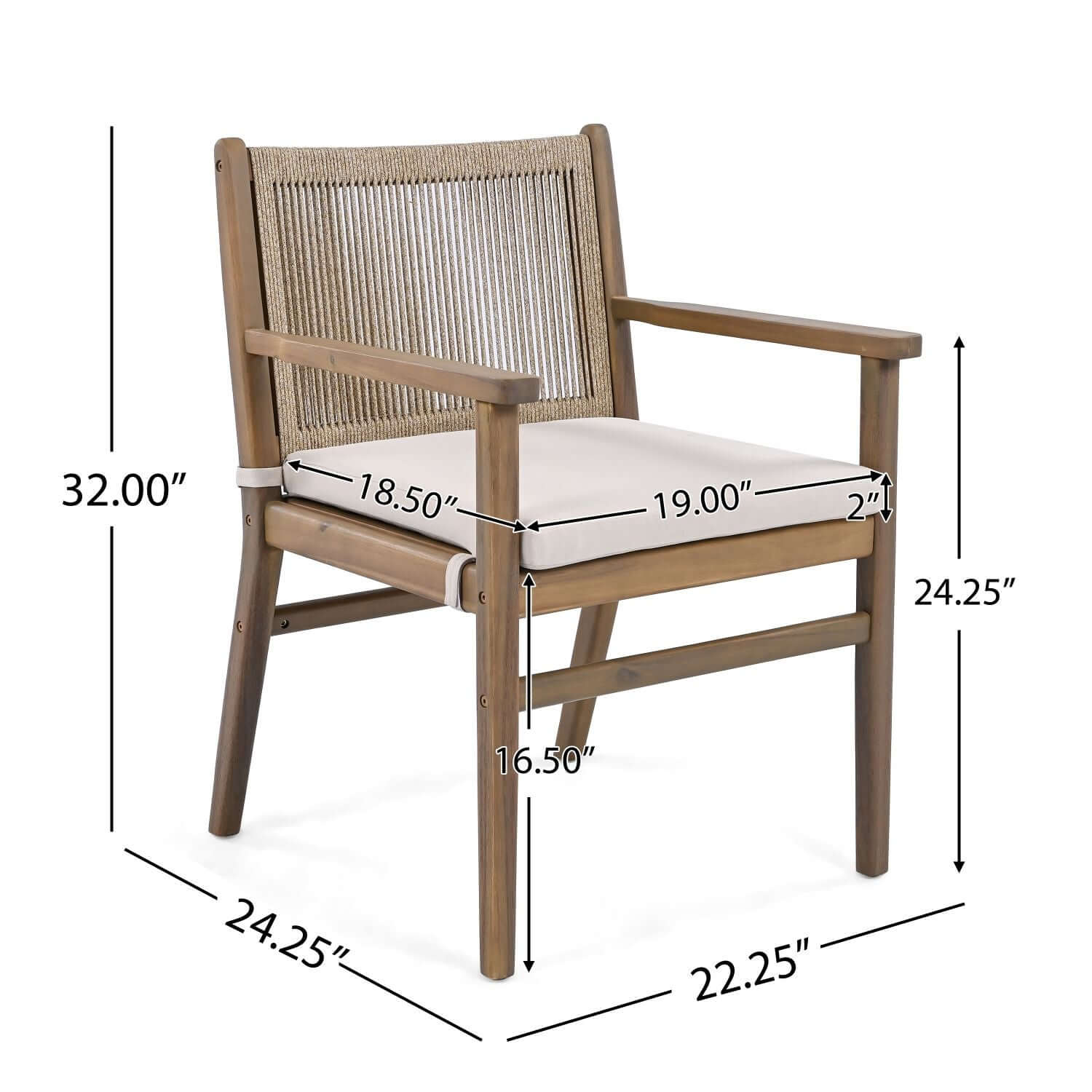 Outdoor Dining Chairs Set of 2, Acacia Wood Patio Armchair with Rope Design Back and Water Repellent Cushion, Light Brown, 400lbs Weight Capacity