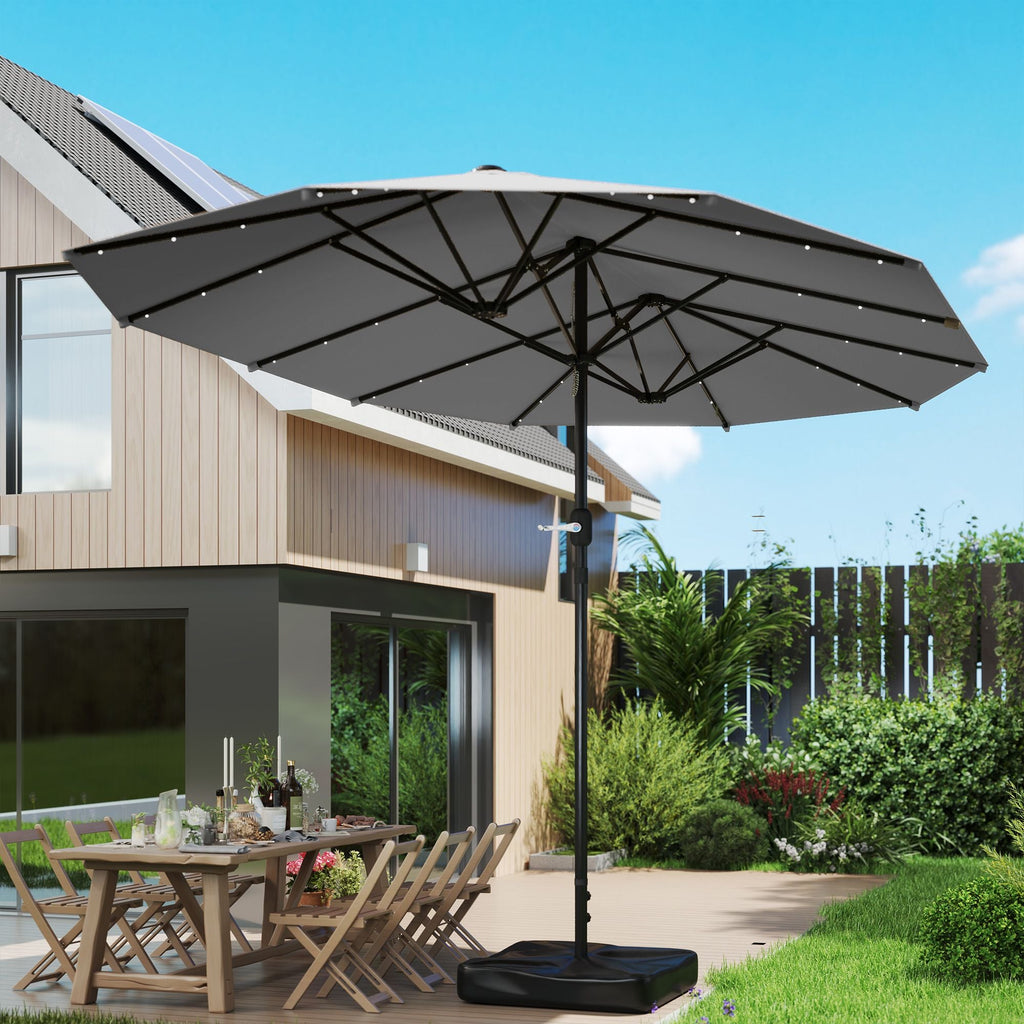Outsunny Garden Parasol 14.4ft Double-Sided Sun Umbrella with Base, Patio Parasol with LED Solar Lights, Gray