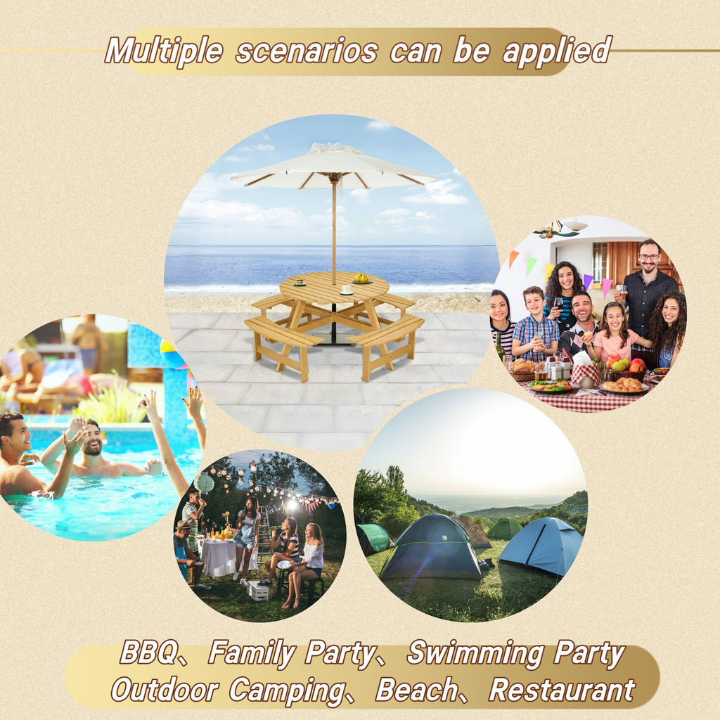 Outdoor 6 Person Picnic Table, 6 person Round Picnic Table with 3 Built-in Benches, Umbrella Hole, Outside Table and Bench Set for Garden, Backyard, Porch, Patio, Natural