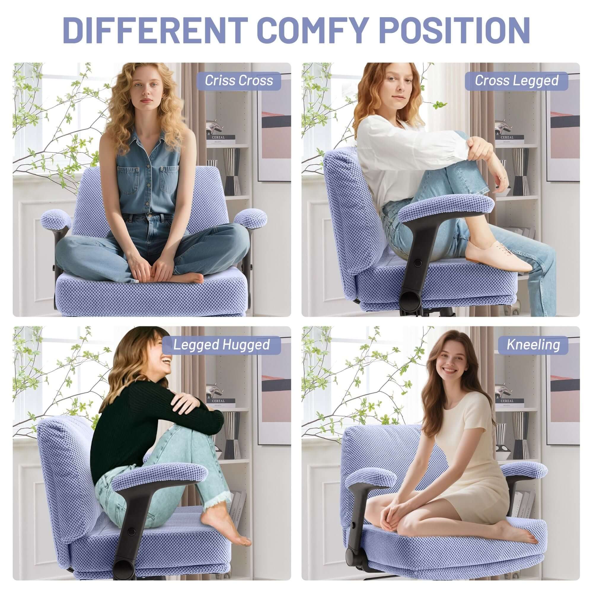 Criss Cross Chair with Wheels and Flip Arms- Comfy Fabric Cross Legged Office Chair with Thick Cushion&Wide Seat, Adjustable Swivel Desk Chair for Home Office, Apartment, Bedroom
