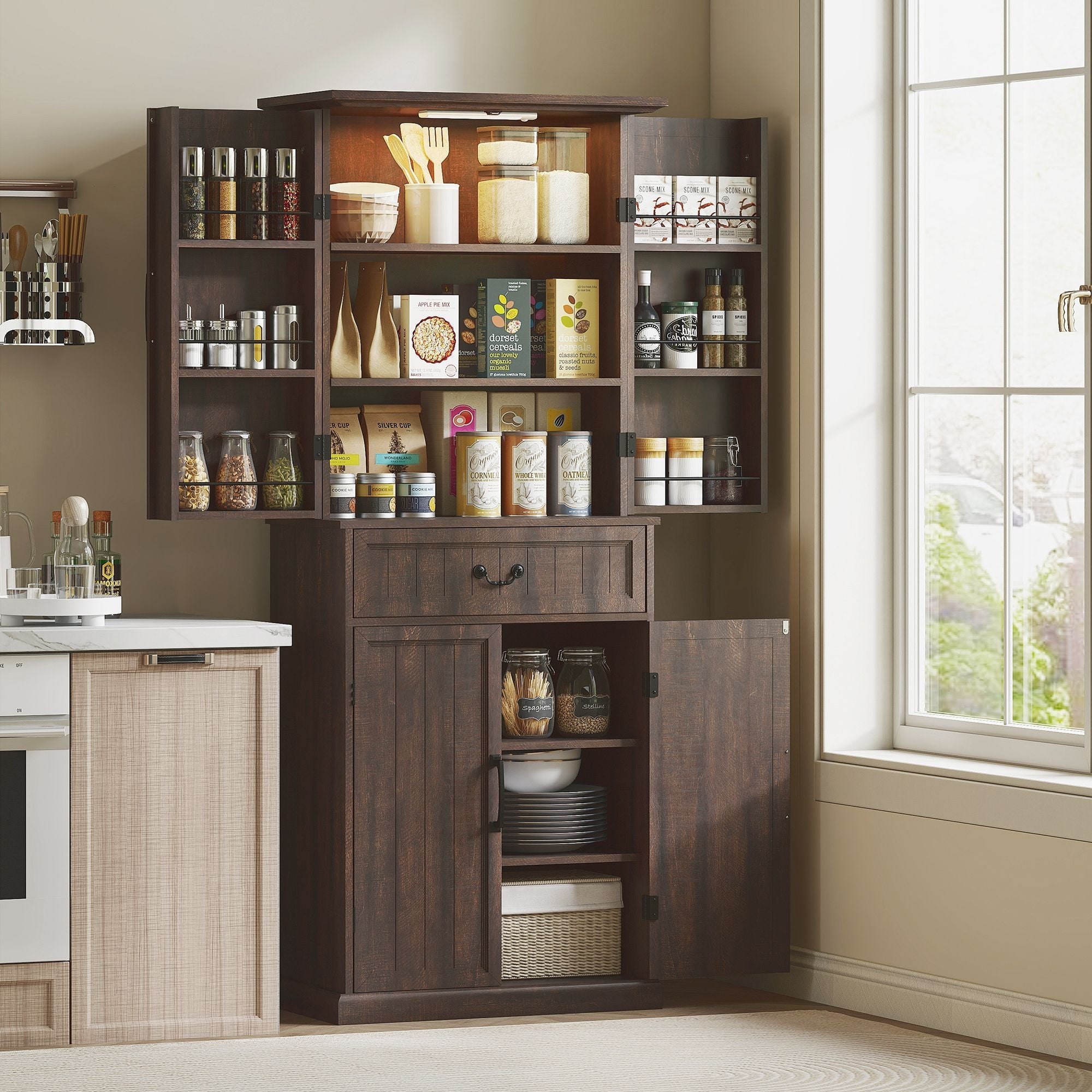 HOMCOM 71" LED Kitchen Pantry Cabinet, Farmhouse Storage Cabinet with Door Shelves, Distressed Brown