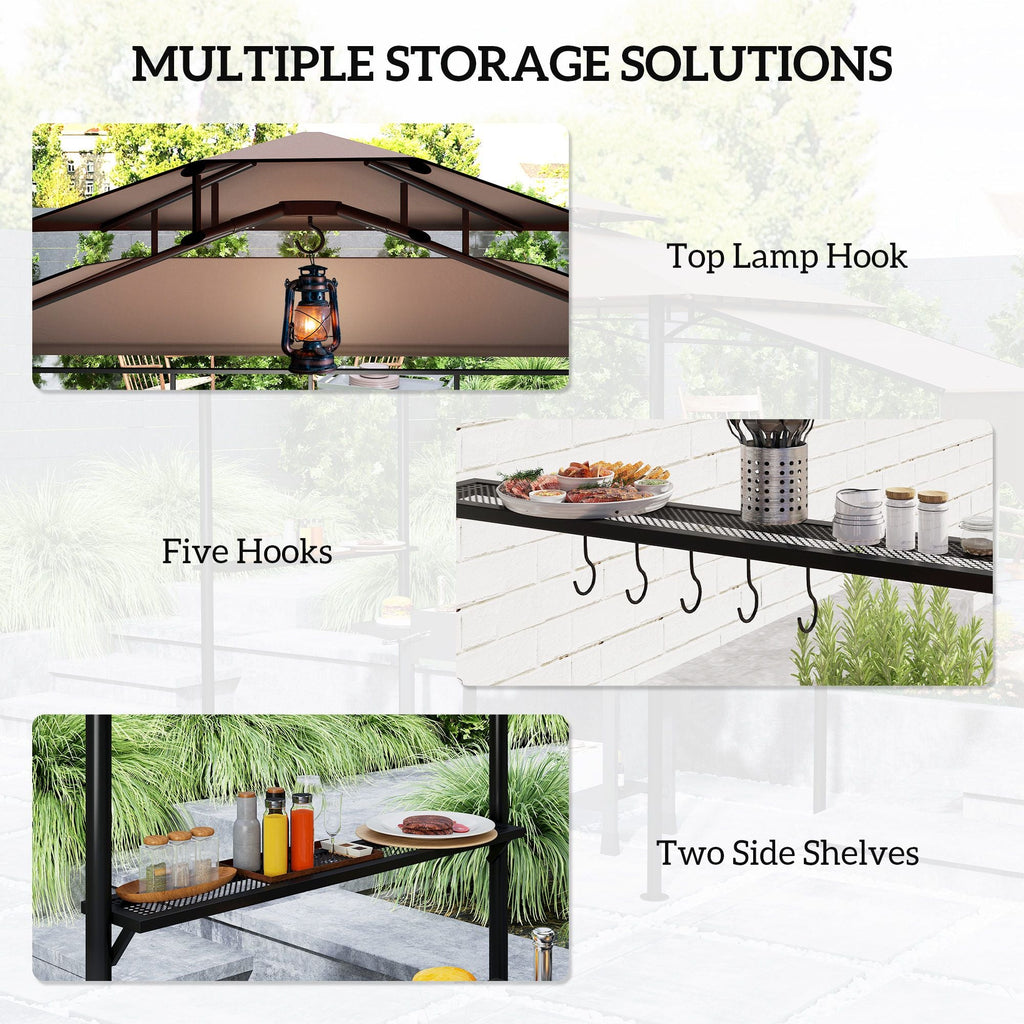 Outsunny 8' x 5' Outdoor Grill Gazebo, Barbecue Gazebo Shelter with Side Awning, 2 Side Shelves and 6 Hooks, Brown