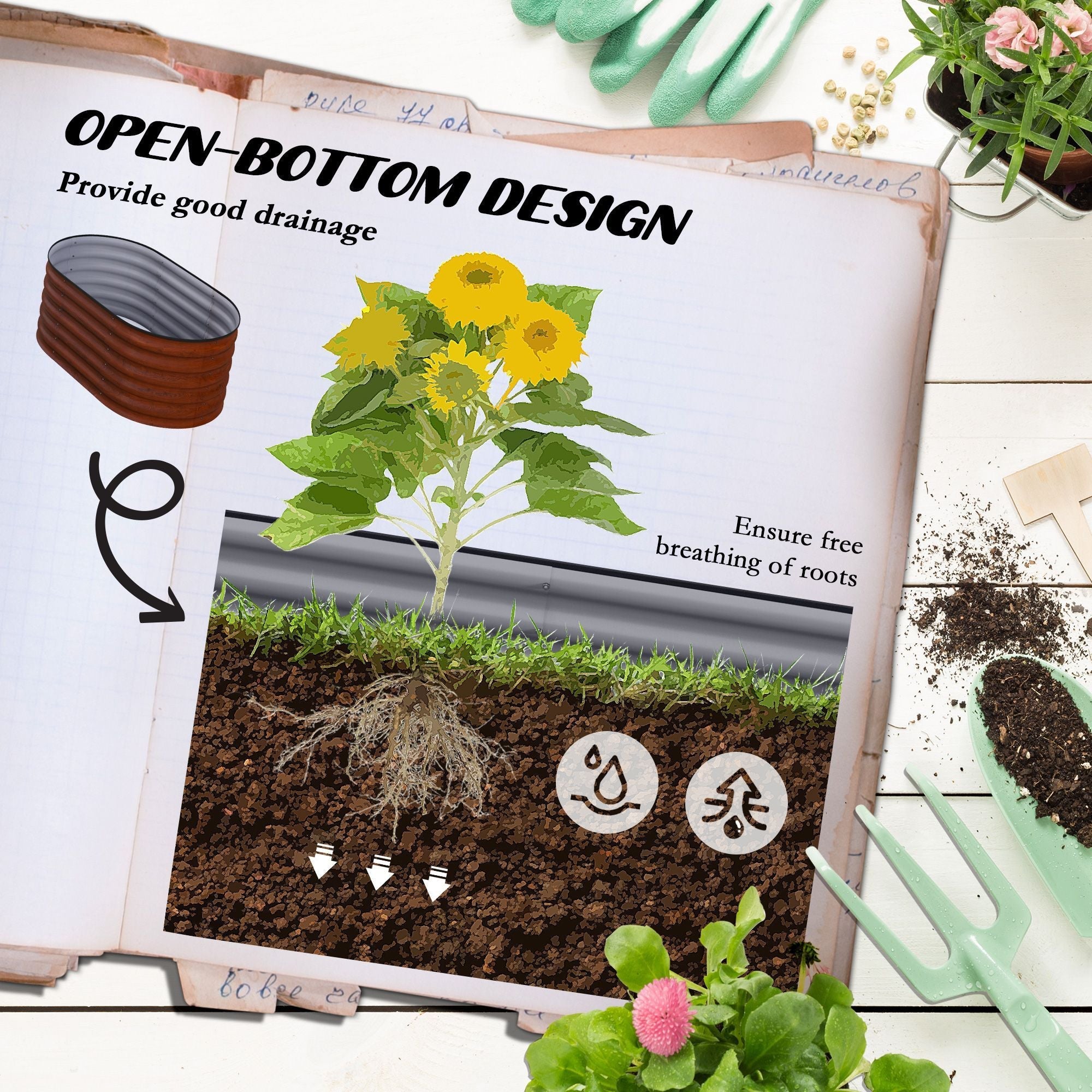 Outsunny 3.5' x 2' x 1.4' Galvanized Raised Garden Bed Kit, Outdoor Metal Elevated Planter Box with Safety Edging, Easy DIY Stock Tank for Growing Flowers, Herbs & Vegetables, Brown