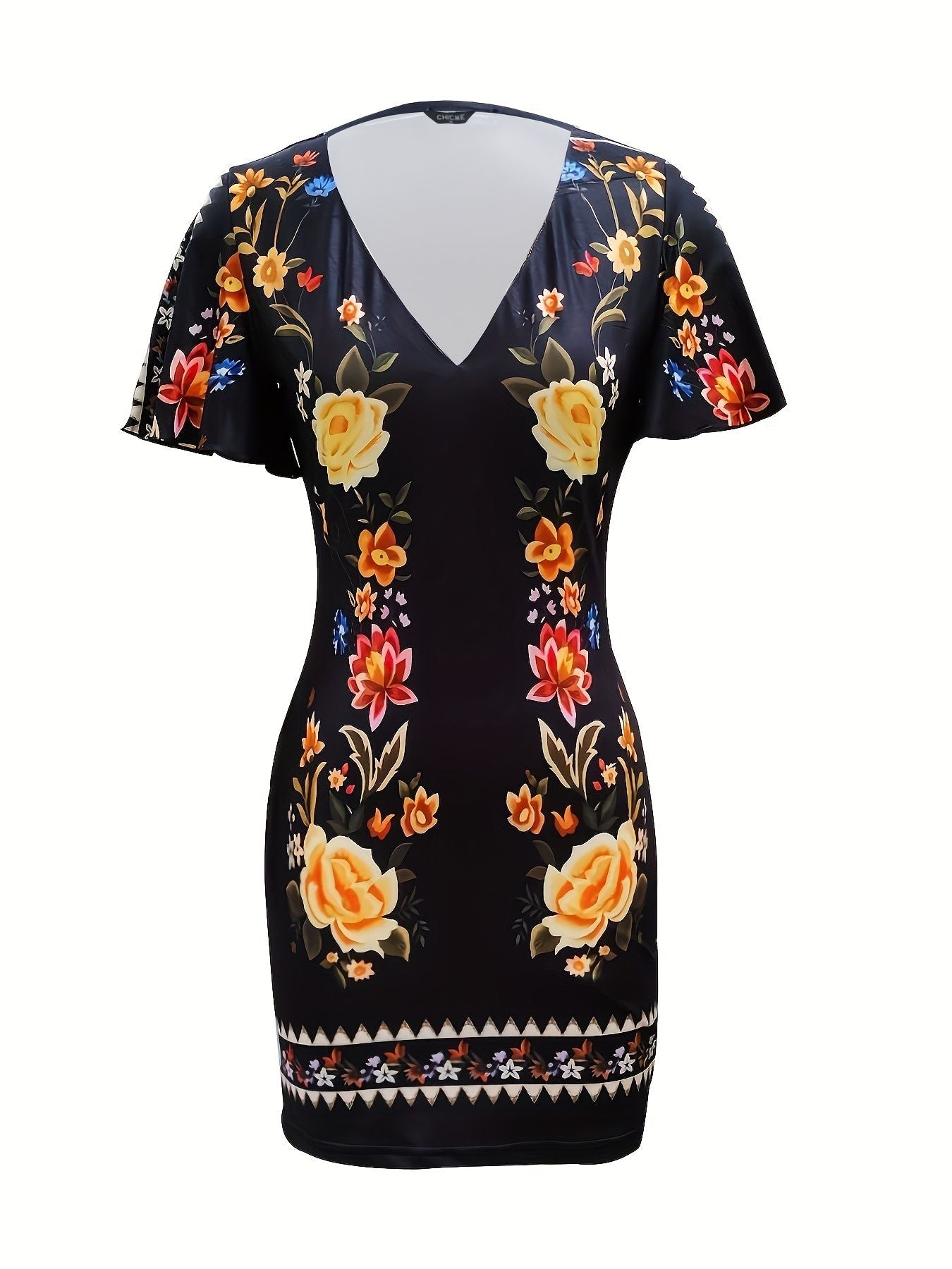 Vintage Floral Print Dress, Casual V Neck Short Sleeve Bag Hip Dress, Women's Clothing