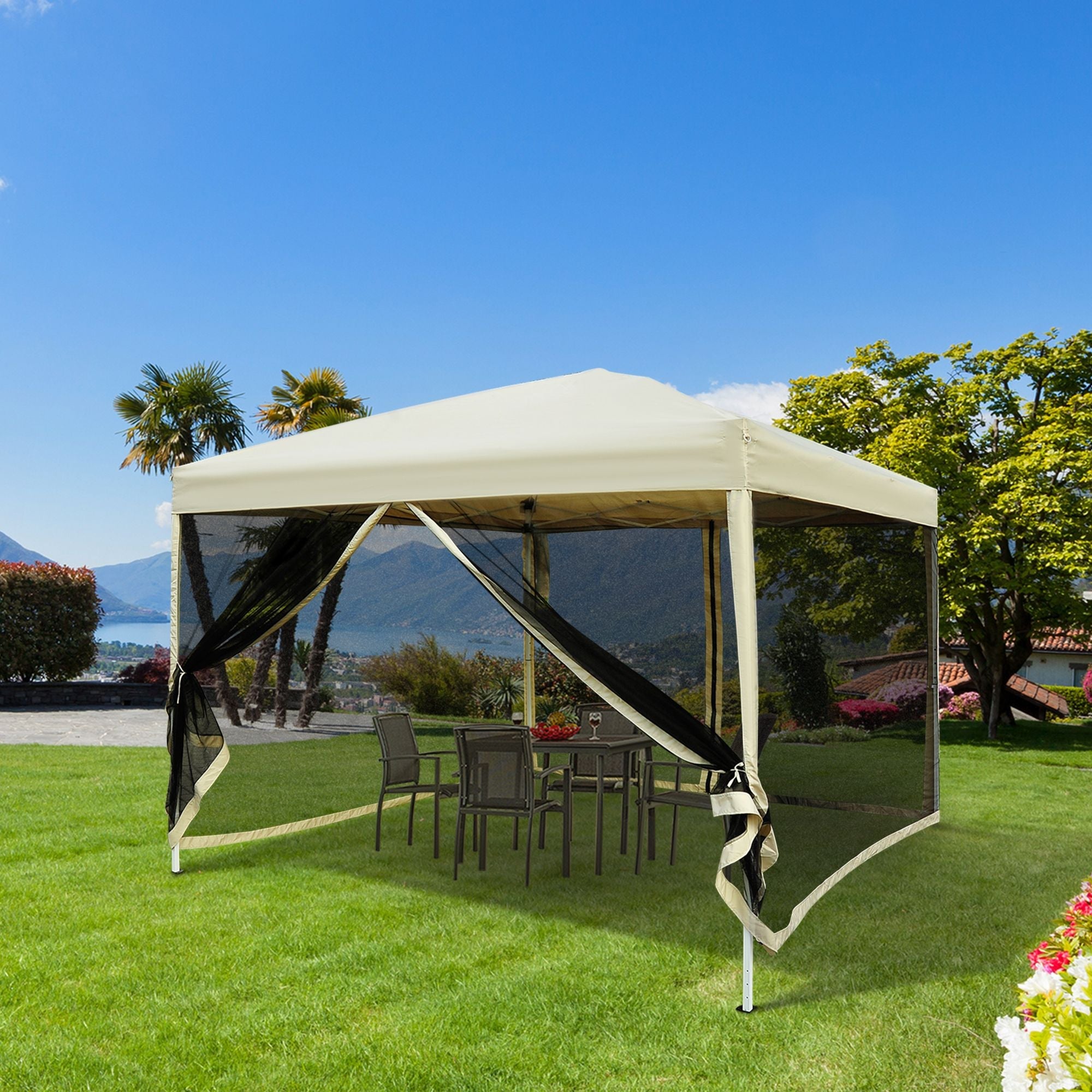 Outsunny 10x10 Pop Up Canopy Tent, Mesh Sidewalls, Adjustable Height, Carry Bag Included - Garden Patio Shade, Easy Setup
