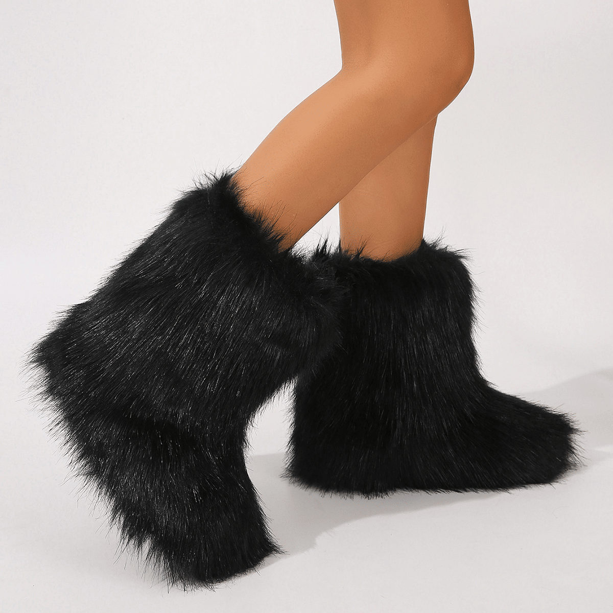 Women's Faux Fur Boot Furry Fluffy Round Toe Suede Winter Comfy Plush Warm Short Outdoor Indoor Flat Shoes Mid-Calf Boots