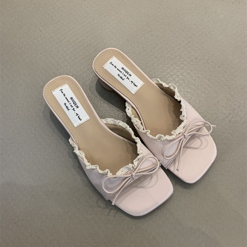 Designer Summer Butterfly-knot Lace Women Slippers Casual Thick Low Heel Dress Street Style Slides
