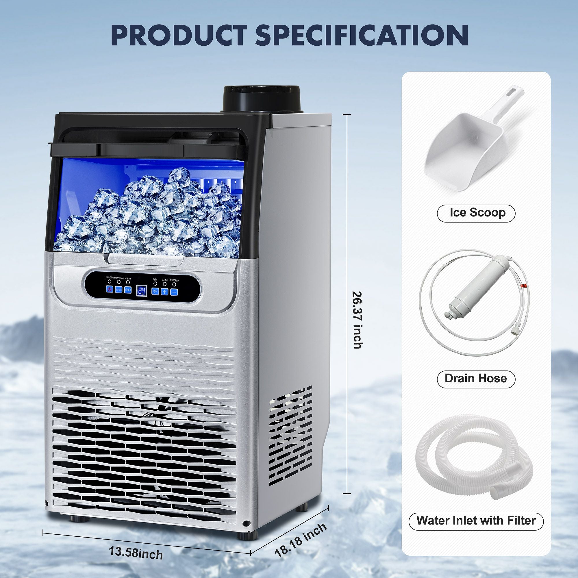 Commercial Ice Maker Machine, 80-110LBS/24H Under Counter Ice Maker, Stainless Steel Freestanding Ice Machine,Self-Cleaning, 2 Water Inlet Modes,Ideal for Restaurant,Home,Bar
