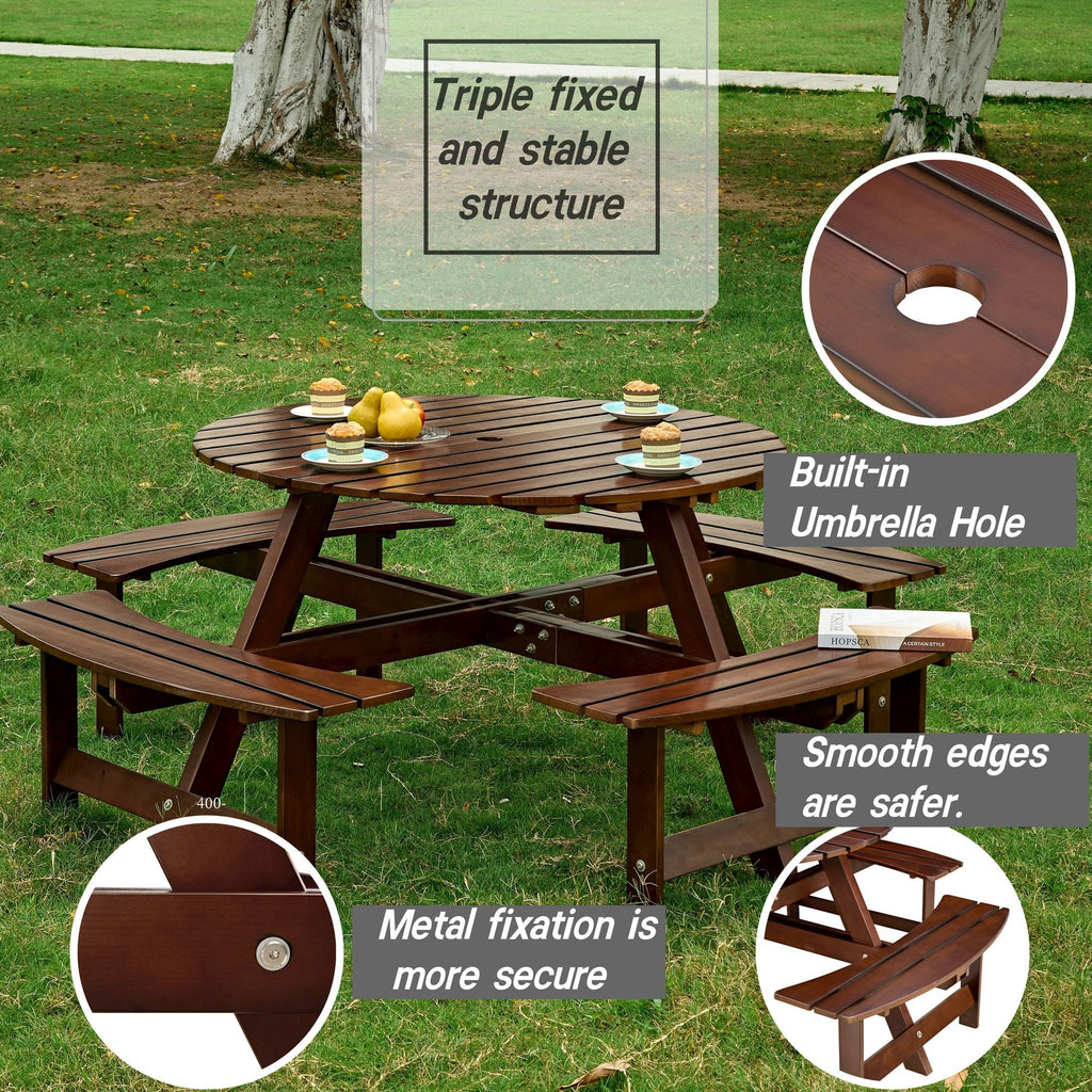 Outdoor 6 Person Picnic Table, 6 person Round Picnic Table with 3 Built-in Benches, Umbrella Hole, Outside Table and Bench Set for Garden, Backyard, Porch, Patio, Natural