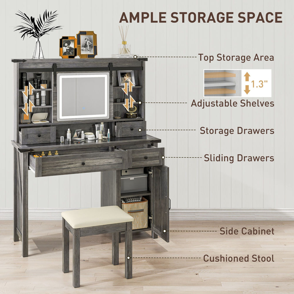 HOMCOM Vanity Desk Set with Mirror and Lights, Cushioned Stool, Storage Drawer, Cabinet, Shelves for Bedroom, Gray