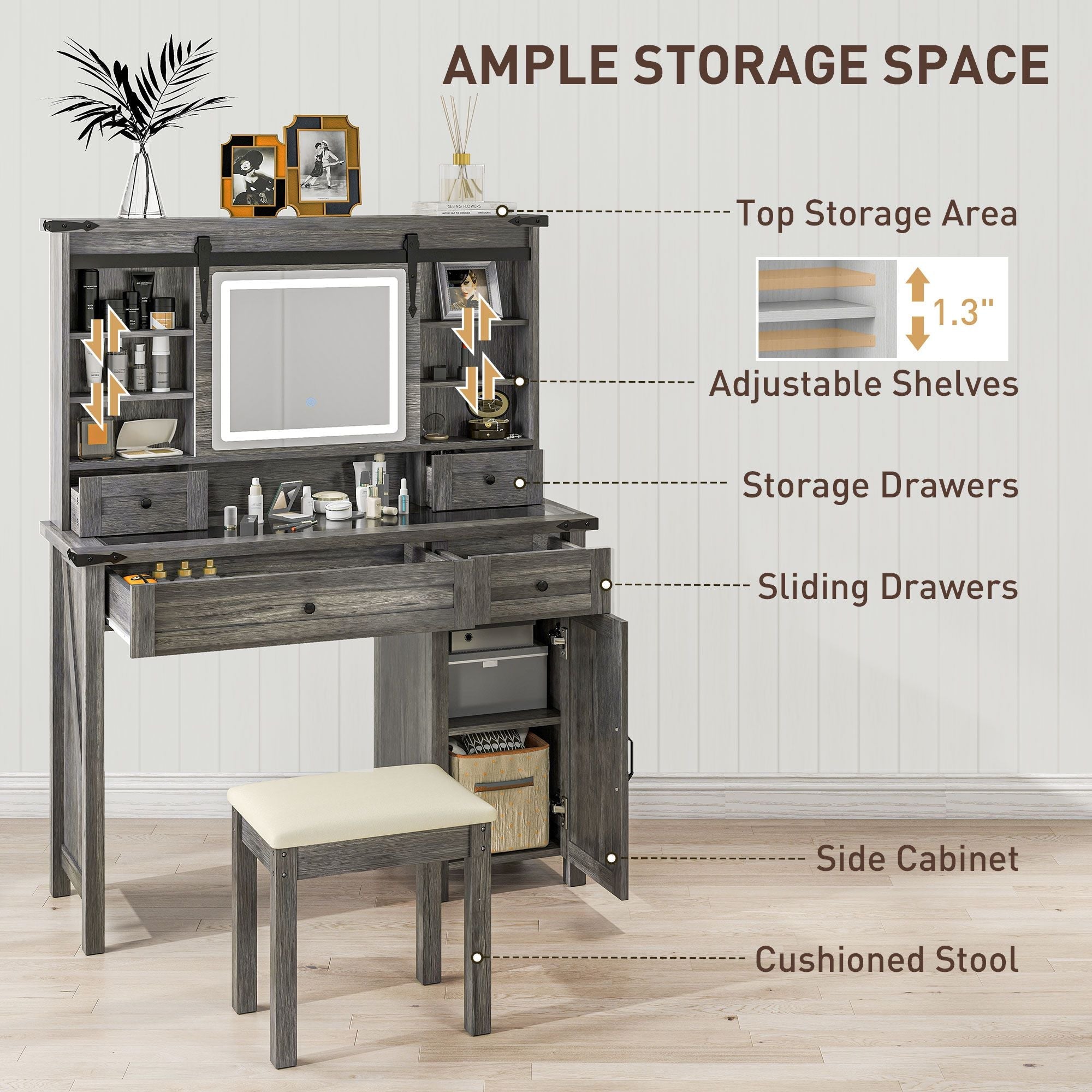 HOMCOM Vanity Desk Set with Mirror and Lights, Cushioned Stool, Storage Drawer, Cabinet, Shelves for Bedroom, Gray