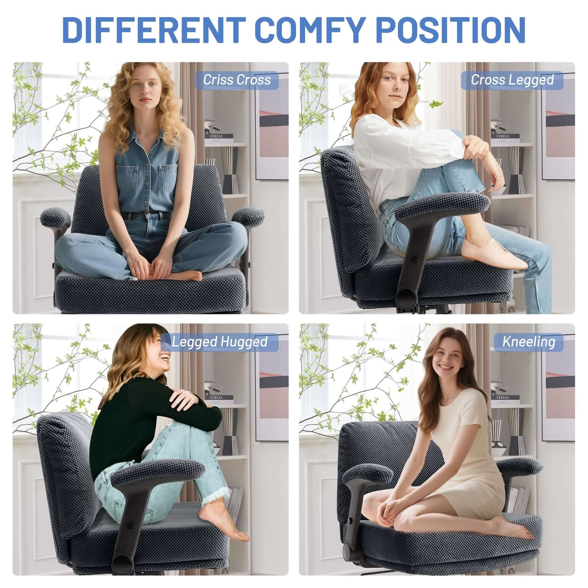 Criss Cross Chair with Wheels and Flip Arms- Comfy Fabric Cross Legged Office Chair with Thick Cushion&Wide Seat, Adjustable Swivel Desk Chair for Home Office, Apartment, Bedroom