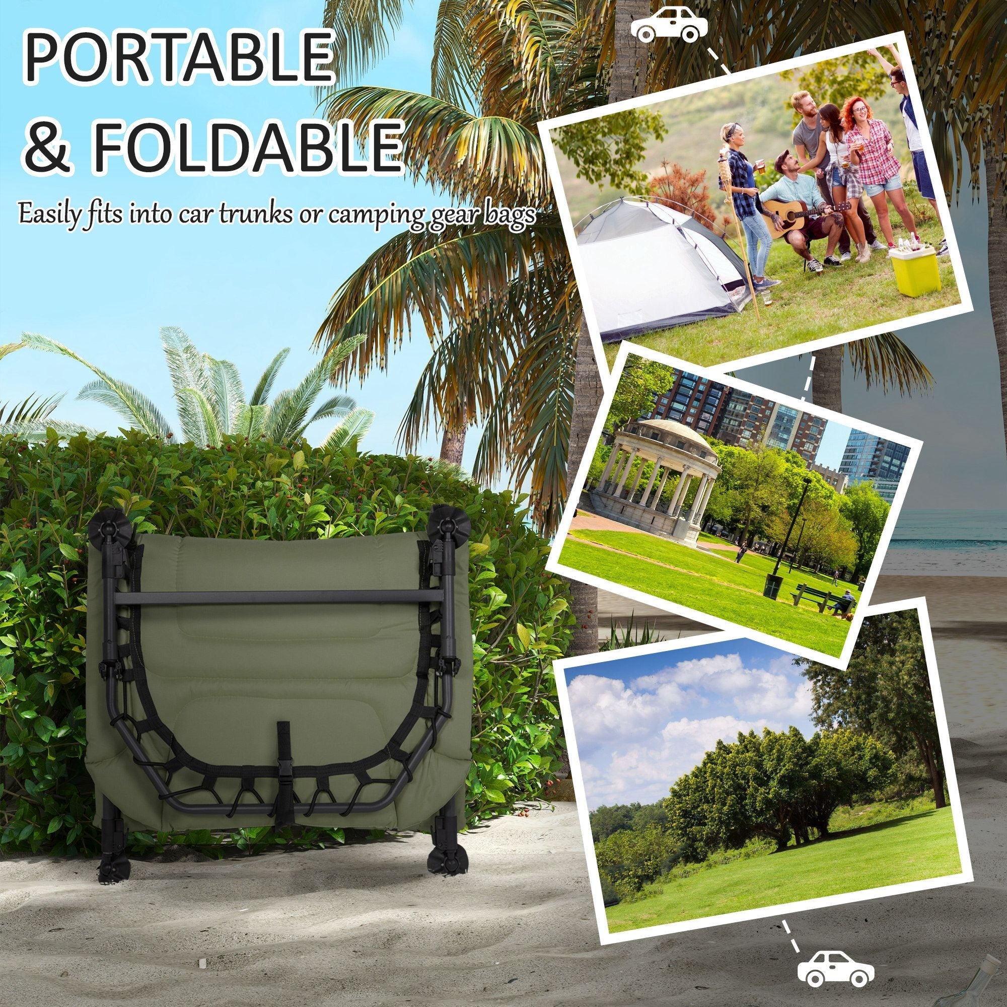 Heavy Duty Camping Cot Folding Bed with Soft Padded Cushion and 180° Adjustable Backrest, 400LBS Capacity, Green