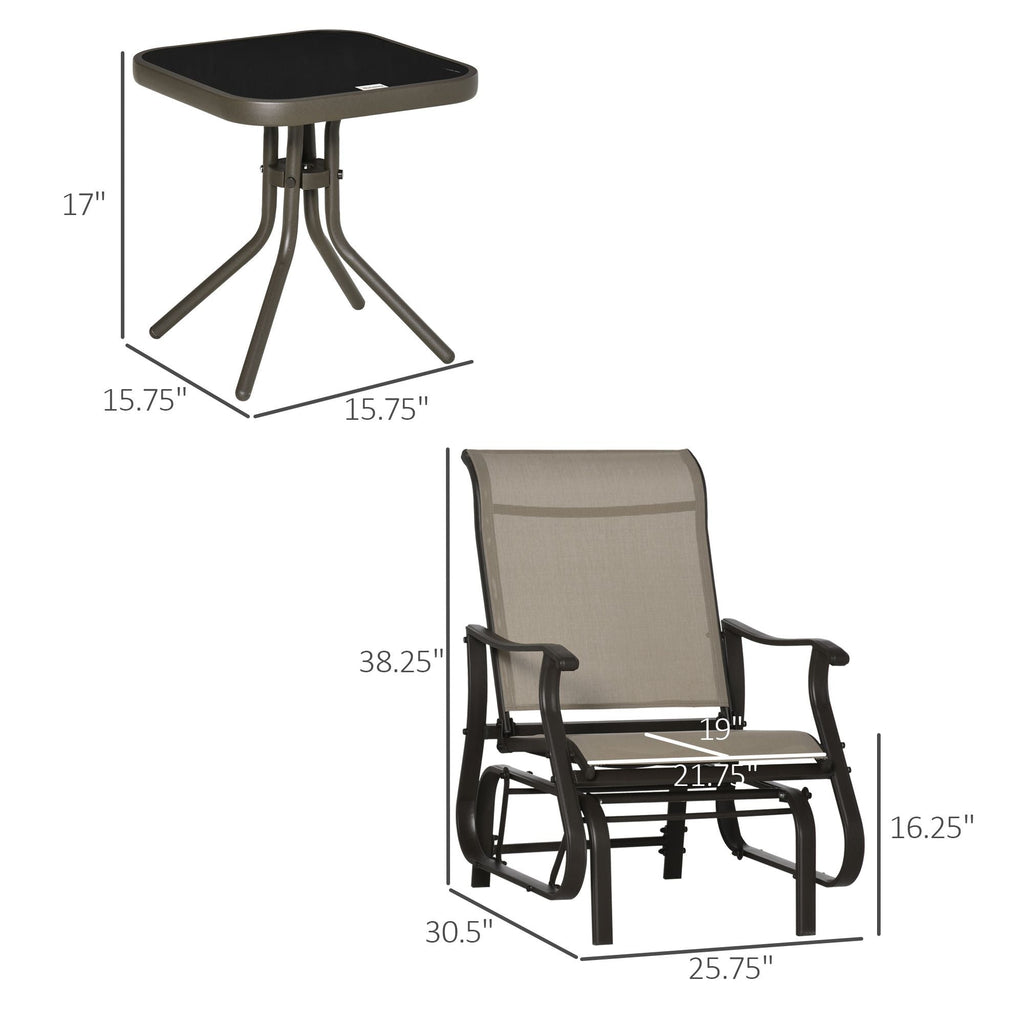 Outsunny 3-Piece Gliding Chair & Tea Table Set, Outdoor 2 Rocker Seats with Steel Frame, Tempered Glass Tabletop, Garden Patio Furniture, Grey