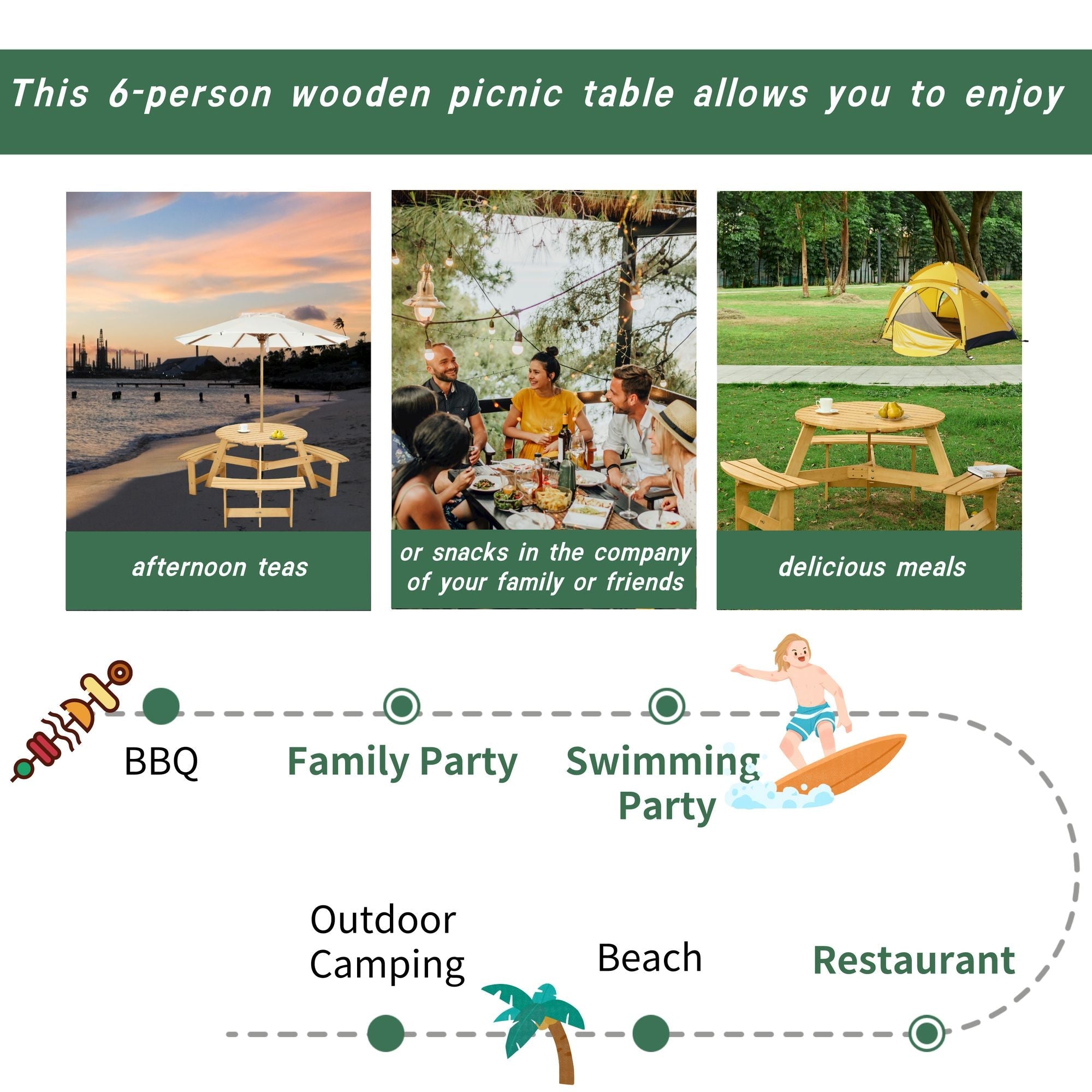 Outdoor 6 Person Picnic Table, 6 person Round Picnic Table with 3 Built-in Benches, Umbrella Hole, Outside Table and Bench Set for Garden, Backyard, Porch, Patio, Natural