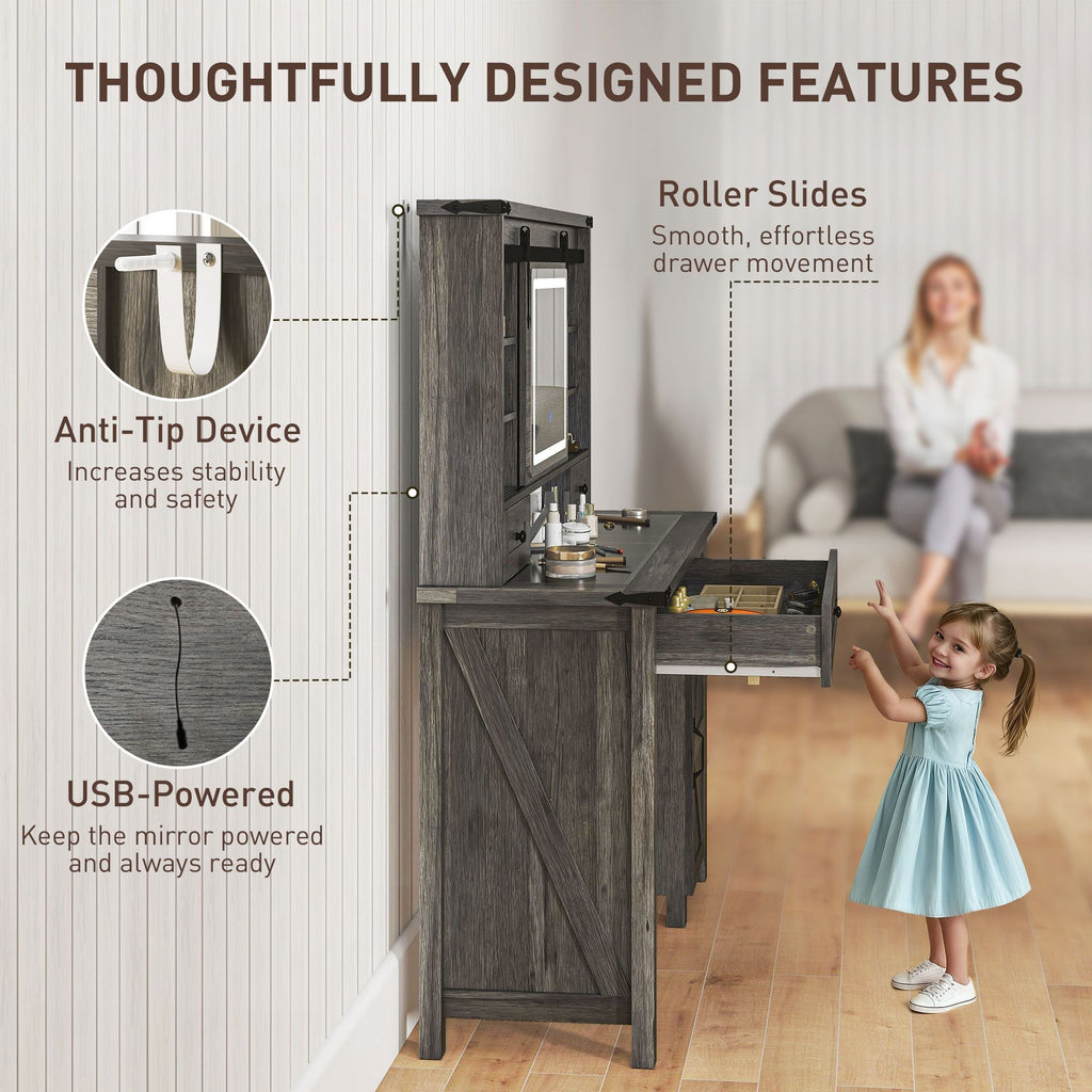 HOMCOM Vanity Desk Set with Mirror and Lights, Cushioned Stool, Storage Drawer, Cabinet, Shelves for Bedroom, Gray