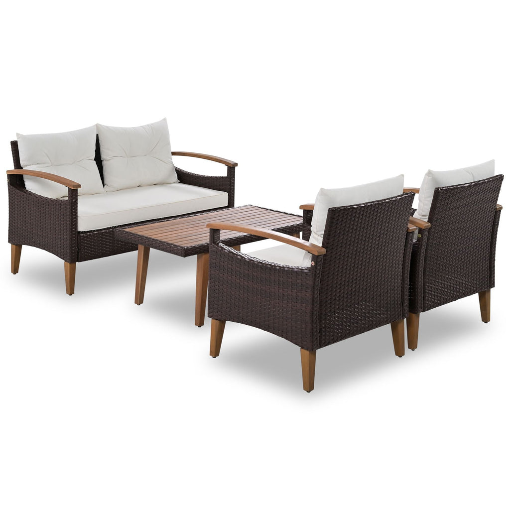 GO 4-Piece Garden Furniture, Patio Seating Set, PE Rattan Outdoor Sofa Set, Wood Table and Legs, Brown and Beige