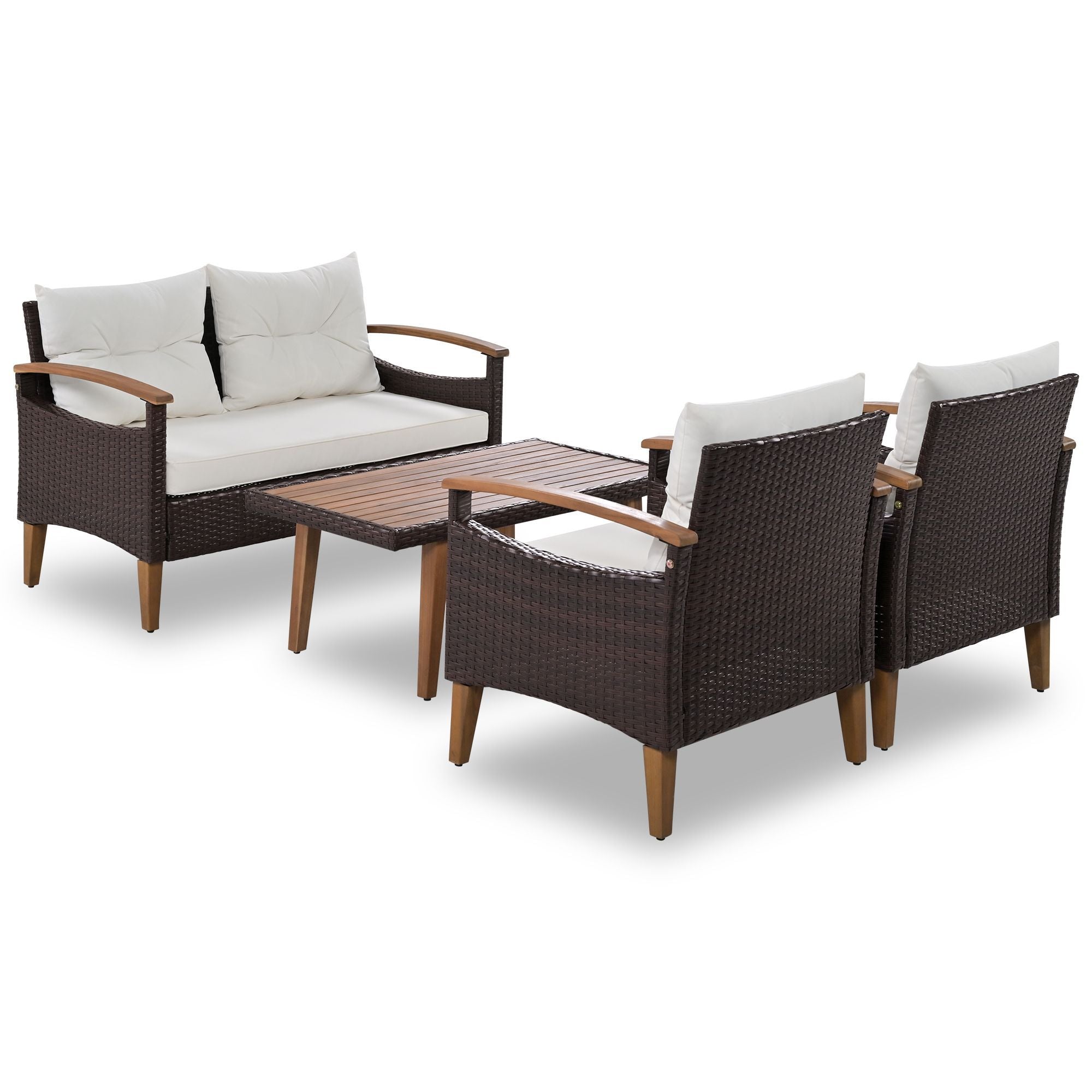 GO 4-Piece Garden Furniture, Patio Seating Set, PE Rattan Outdoor Sofa Set, Wood Table and Legs, Brown and Beige