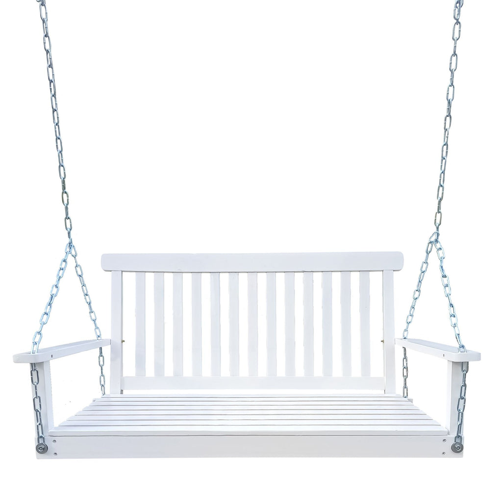 Front Porch Swing with Armrests;  Wood Bench Swing with Hanging Chains; for Outdoor Patio ; Garden Yard;  porch;  backyard;  or sunroom; Easy to Assemble; white