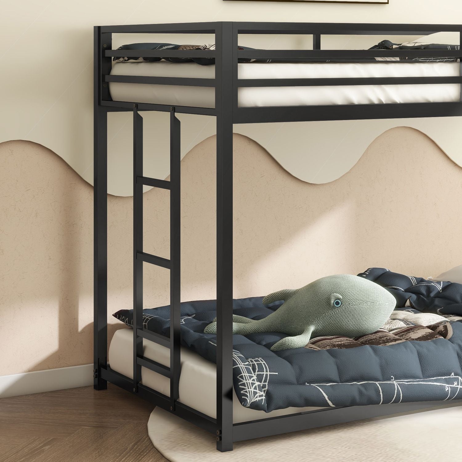 Adam Sturdy Twin over Twin Bunk Bed Metal Black for Kids and Adult, Low Profile Twin over twin bunk bed with Ladder and Guardrails, Easy Climbing, Beds for Bedroom, Same as original B083124170